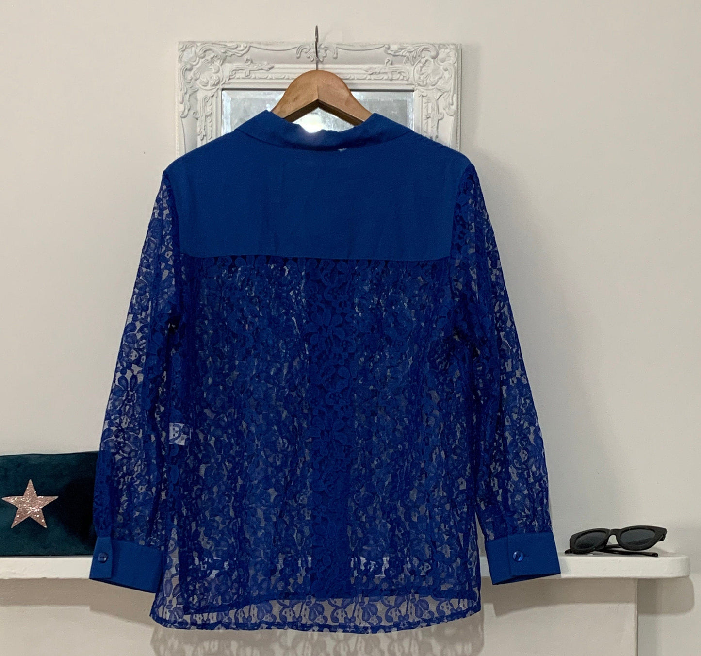 1970’s Vintage blouse 70s shirt lace electric blue pattern 50s style button through blouse collars rare plus size