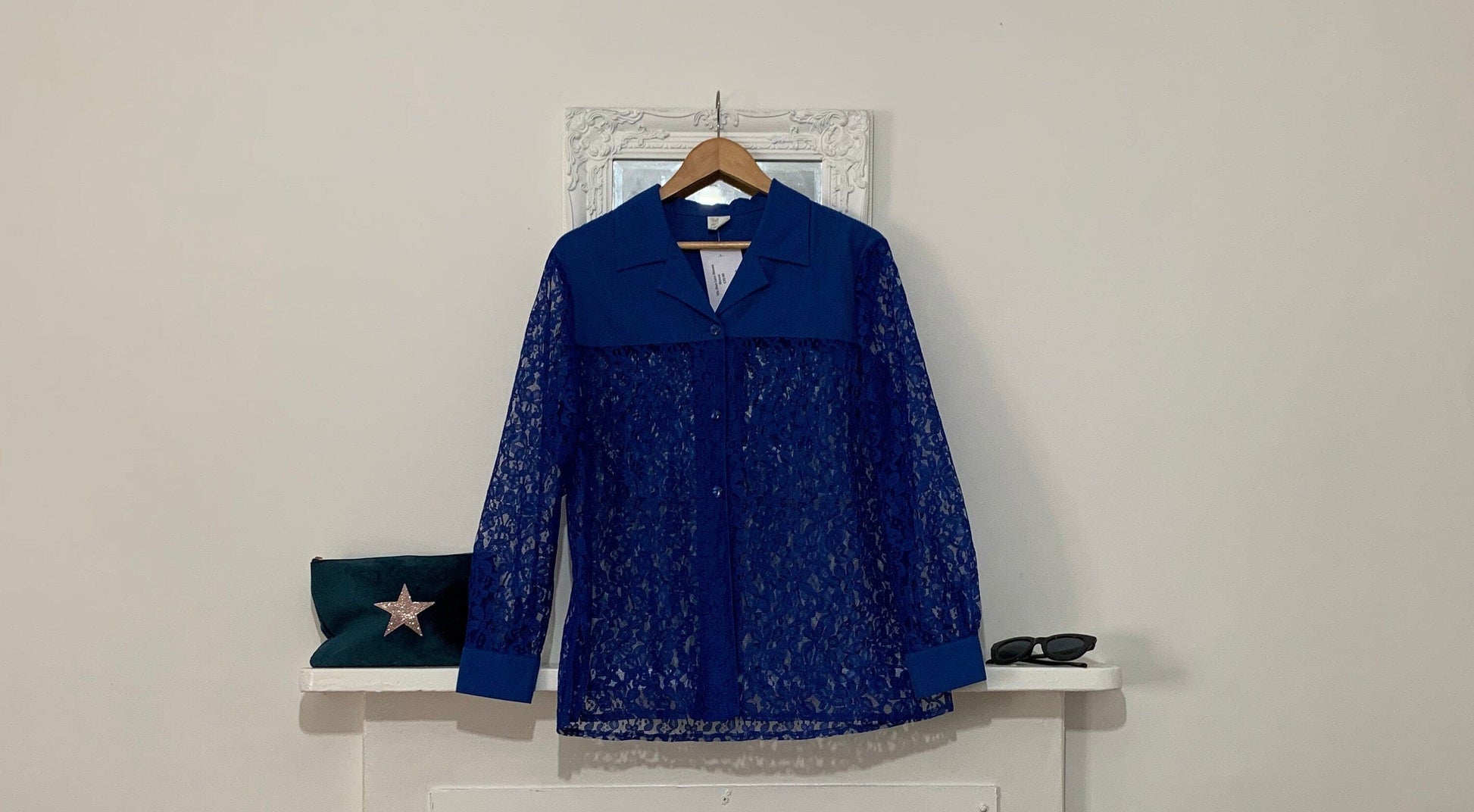 1970’s Vintage blouse 70s shirt lace electric blue pattern 50s style button through blouse collars rare plus size