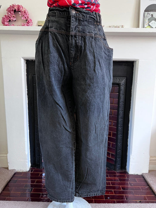 1980’s Vintage high waist black baggy wide leg zip fly jeans, UK12 waist 30”