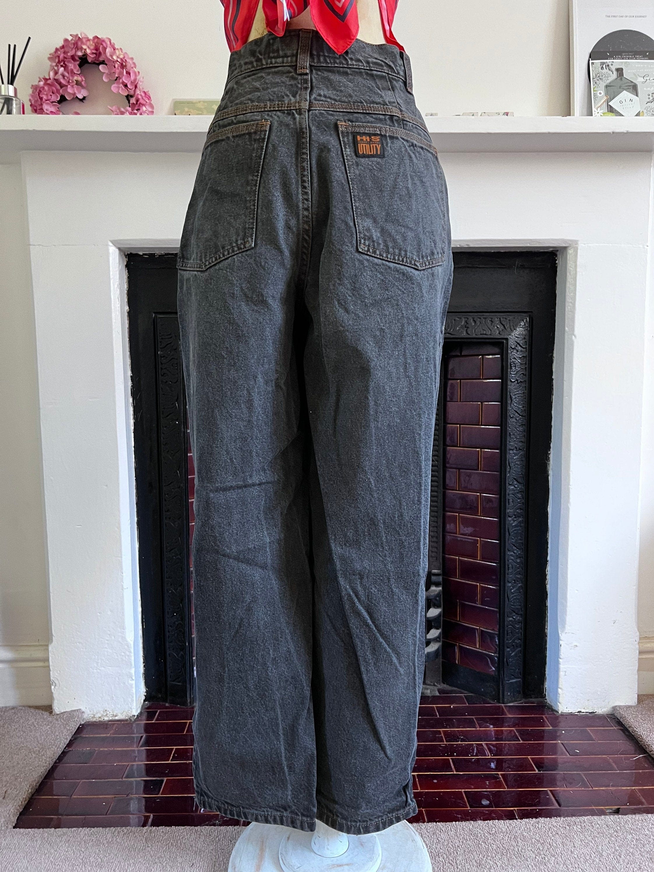 1980 s Vintage high waist black baggy wide leg zip fly jeans UK12 waist 30
