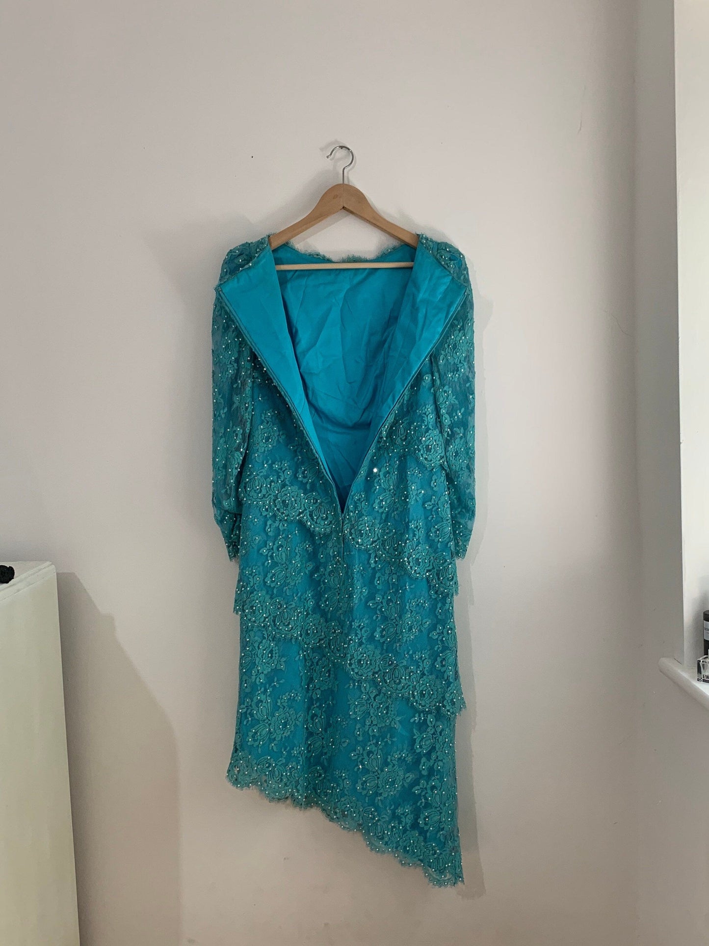 1980s vintage Beaded Turquoise Asymmetric ‘Dallas’ Dress - UK 12