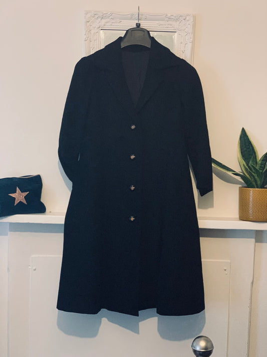 70s vintage black button through Coat - midi length Black coat