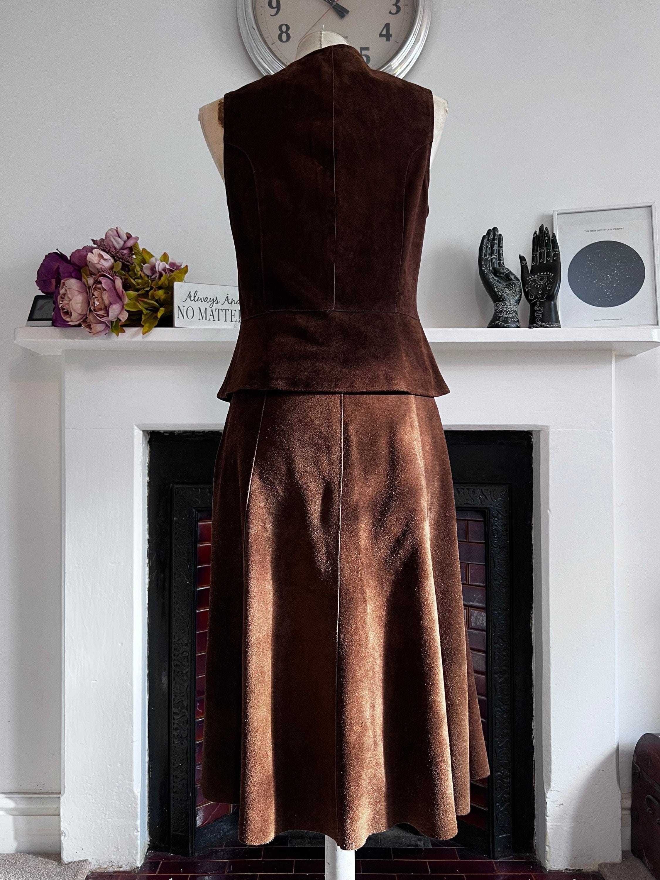 70s Vintage Suede Suit Waistcoat Skirt Suede Leather Skirt Suede