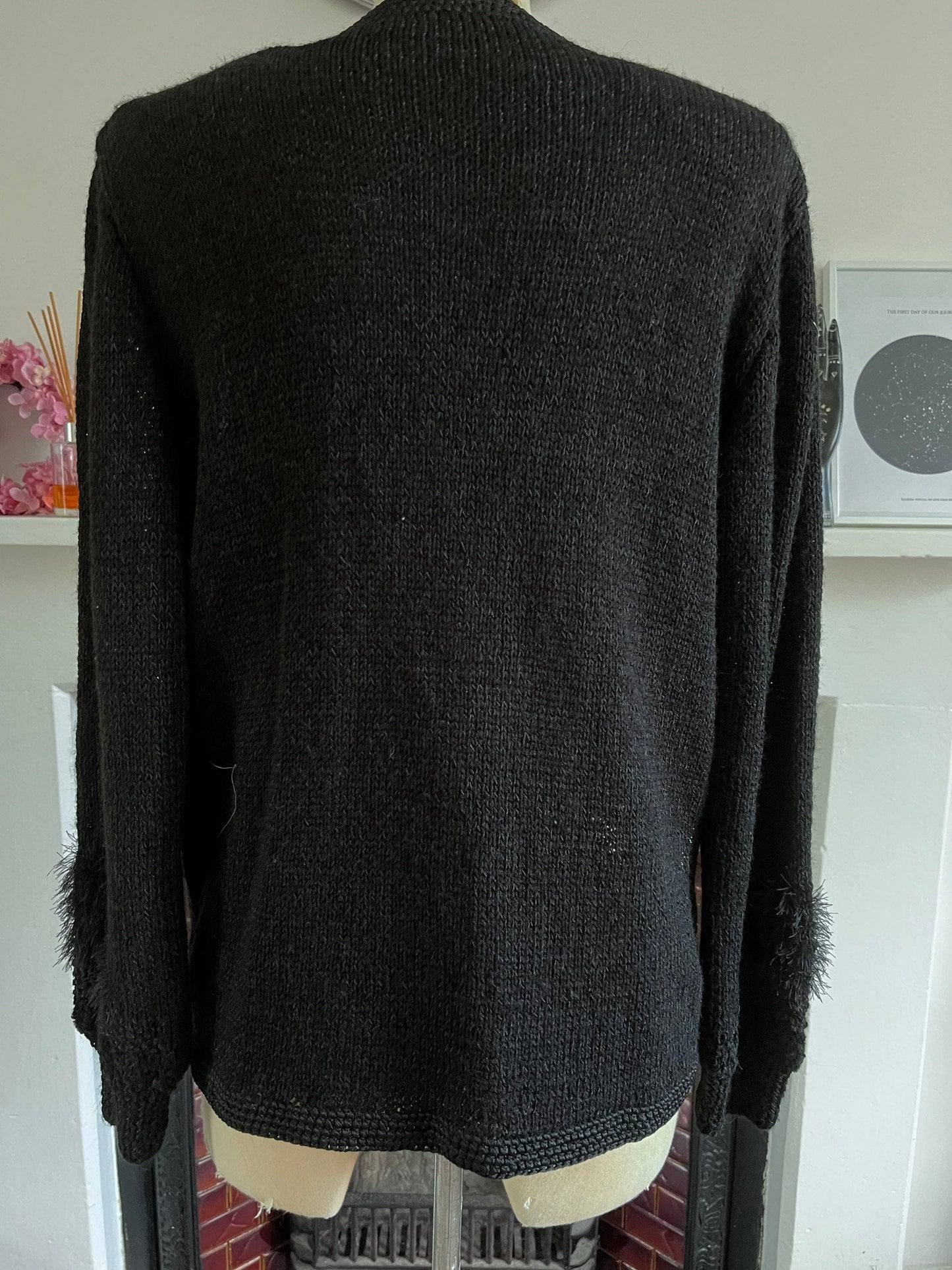80s Black Vintage cardigan with beading and mohair and chunky button detail UK12