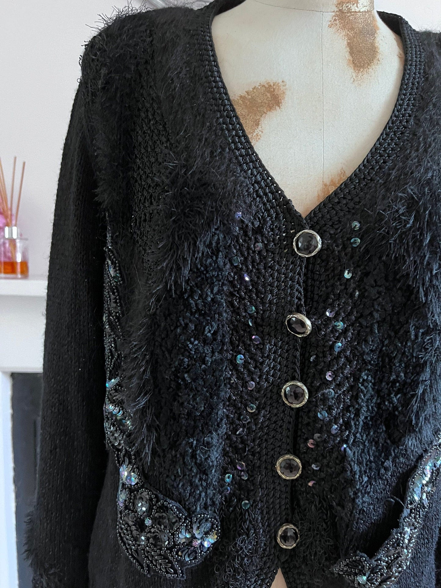 80s Black Vintage cardigan with beading and mohair and chunky button detail UK12
