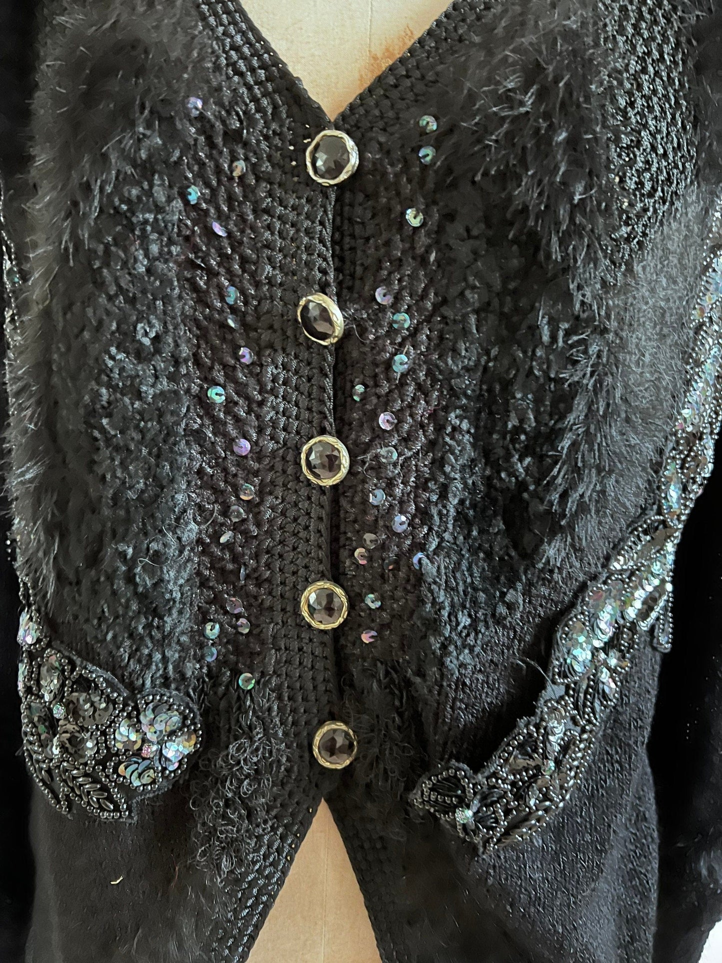 80s Black Vintage cardigan with beading and mohair and chunky button detail UK12
