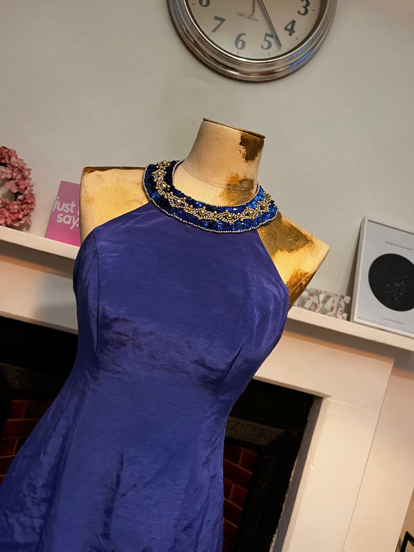 80s Blue Halter Dress with Beaded Sequin Collar Detail front Split UK Size 6