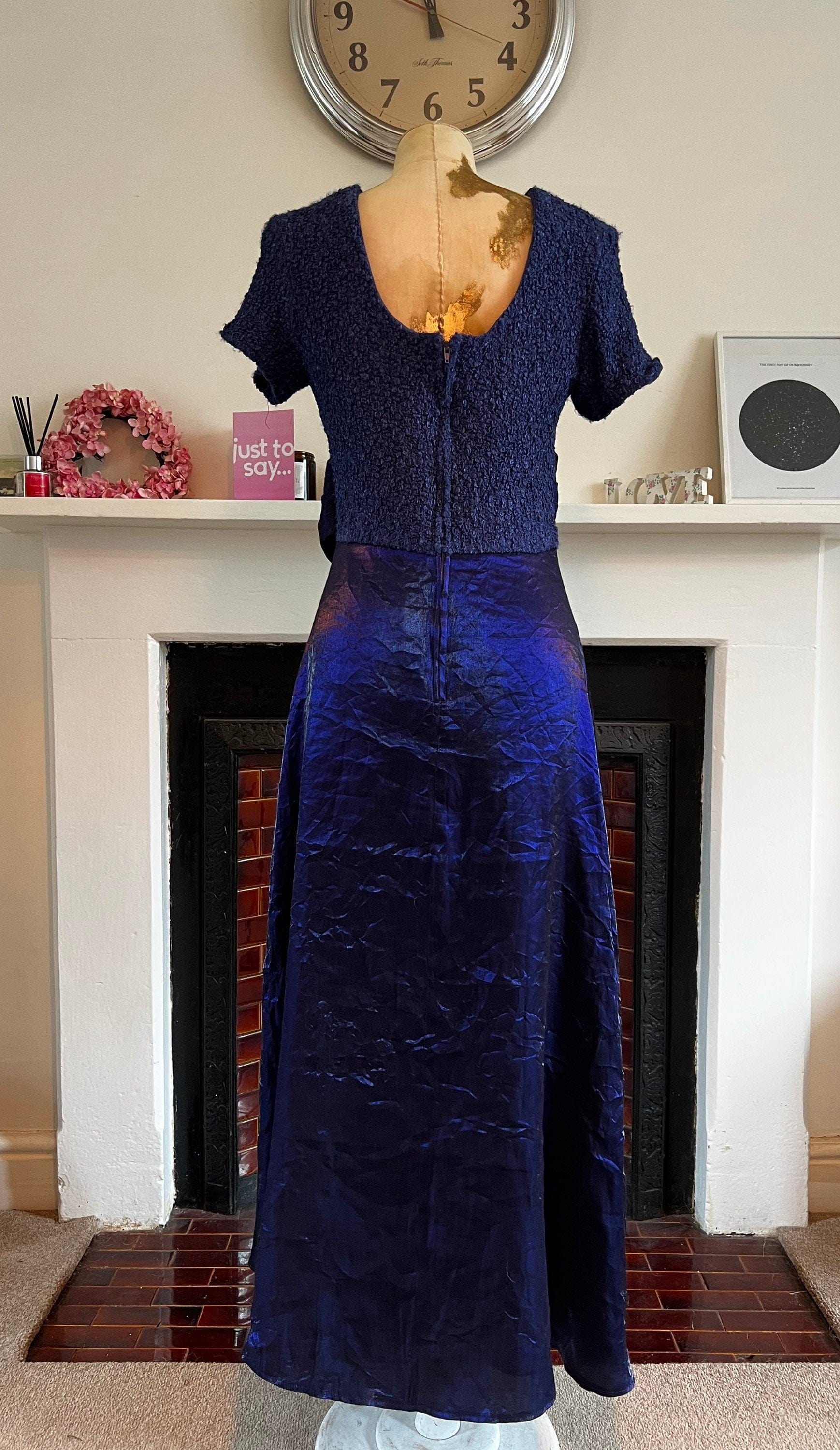 80s Blue Purple Midi Dress with Chiffon waist detail and stretch bodice UK 14