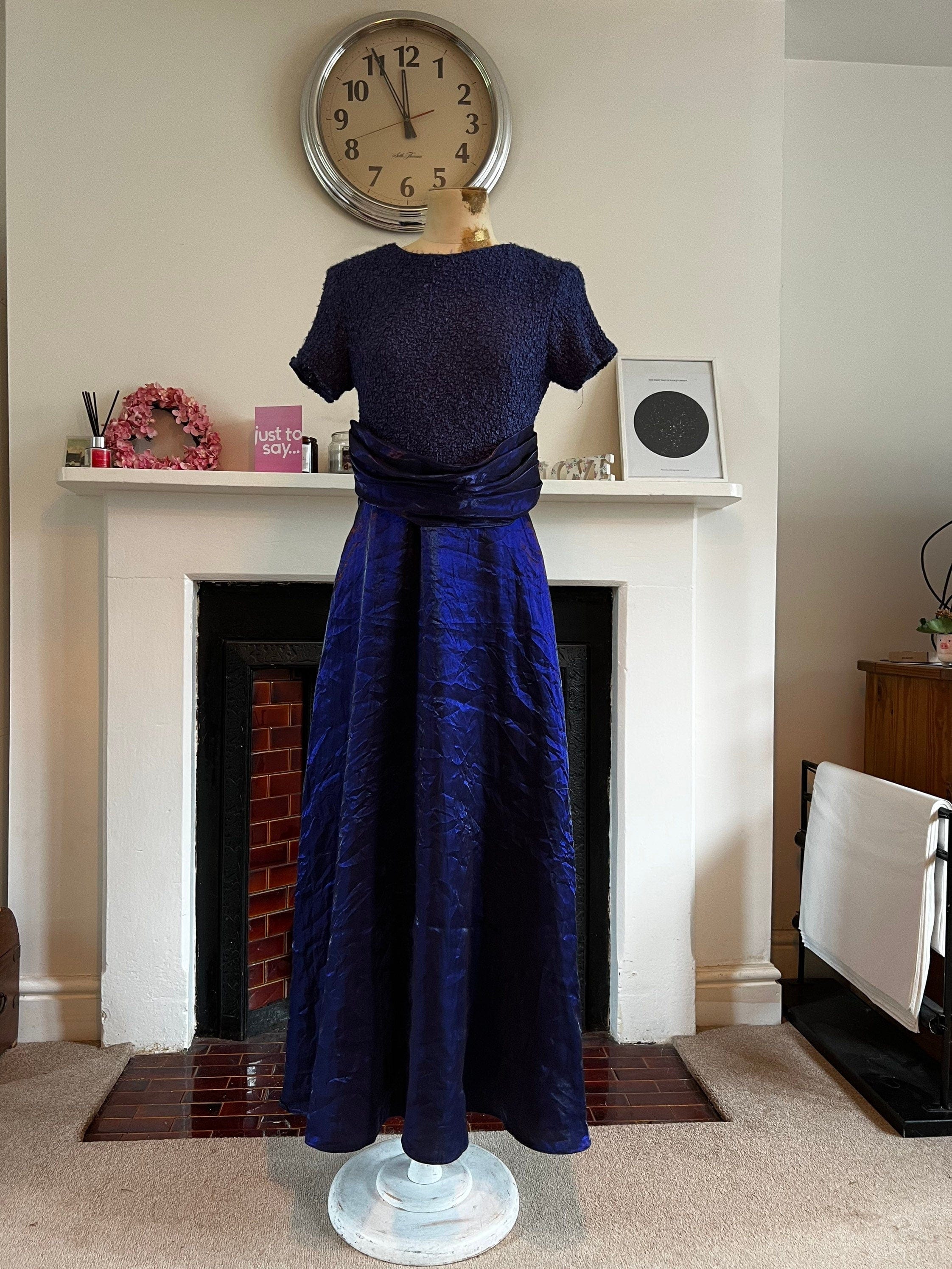 80s Blue Purple Midi Dress with Chiffon waist detail and stretch