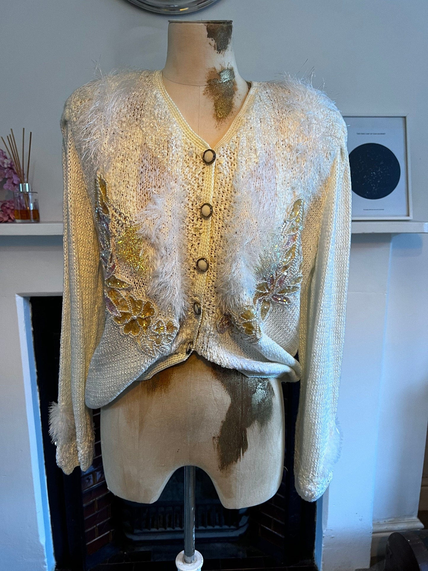 80s Cream Vintage cardigan with beading and mohair and chunky button detail UK12