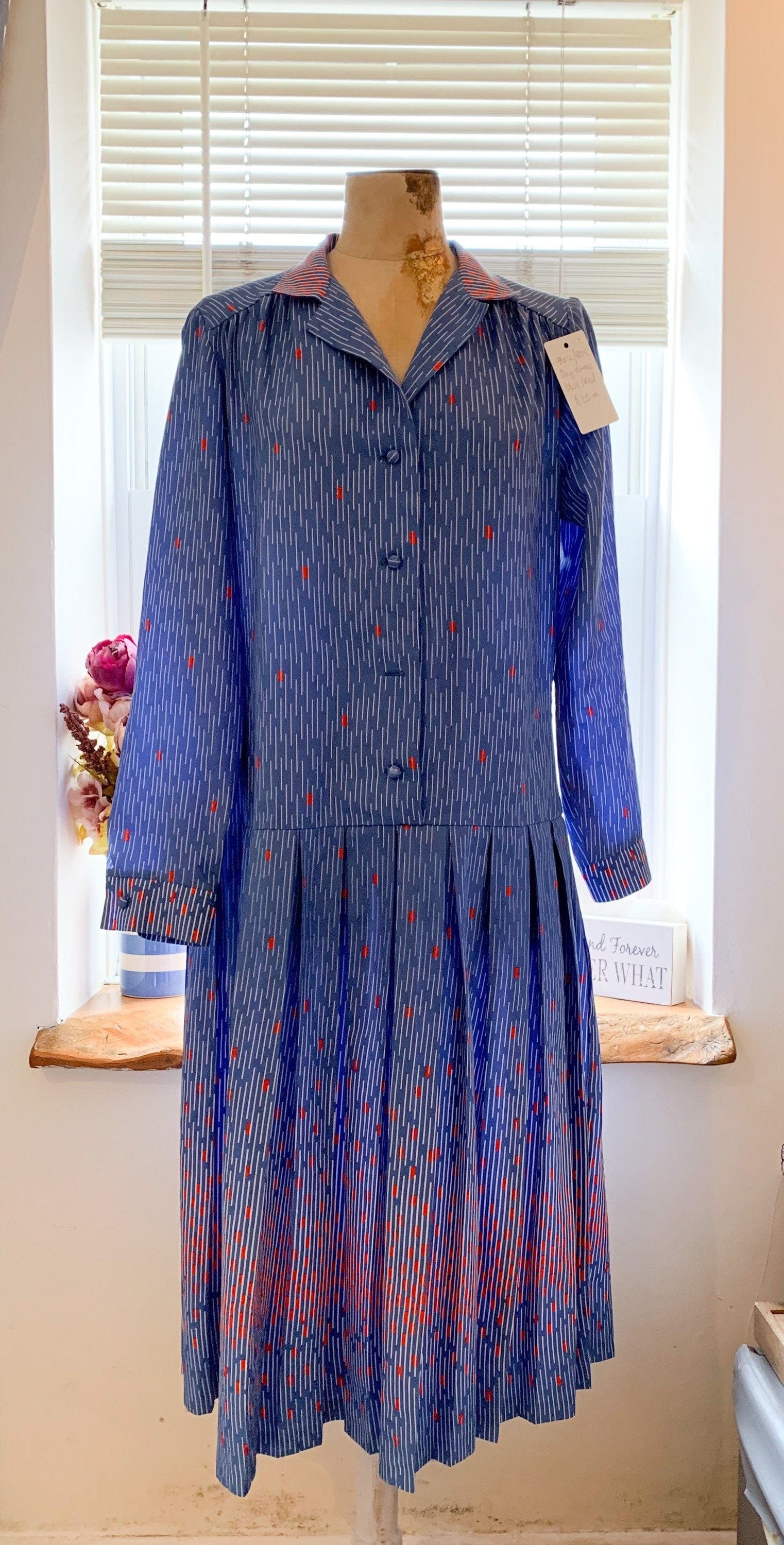 80s dress blue Vintage - Day Dress blue spot pattern pleated dress Rare Plus Size eu 42 size 16 blue and red voluptuous vintage
