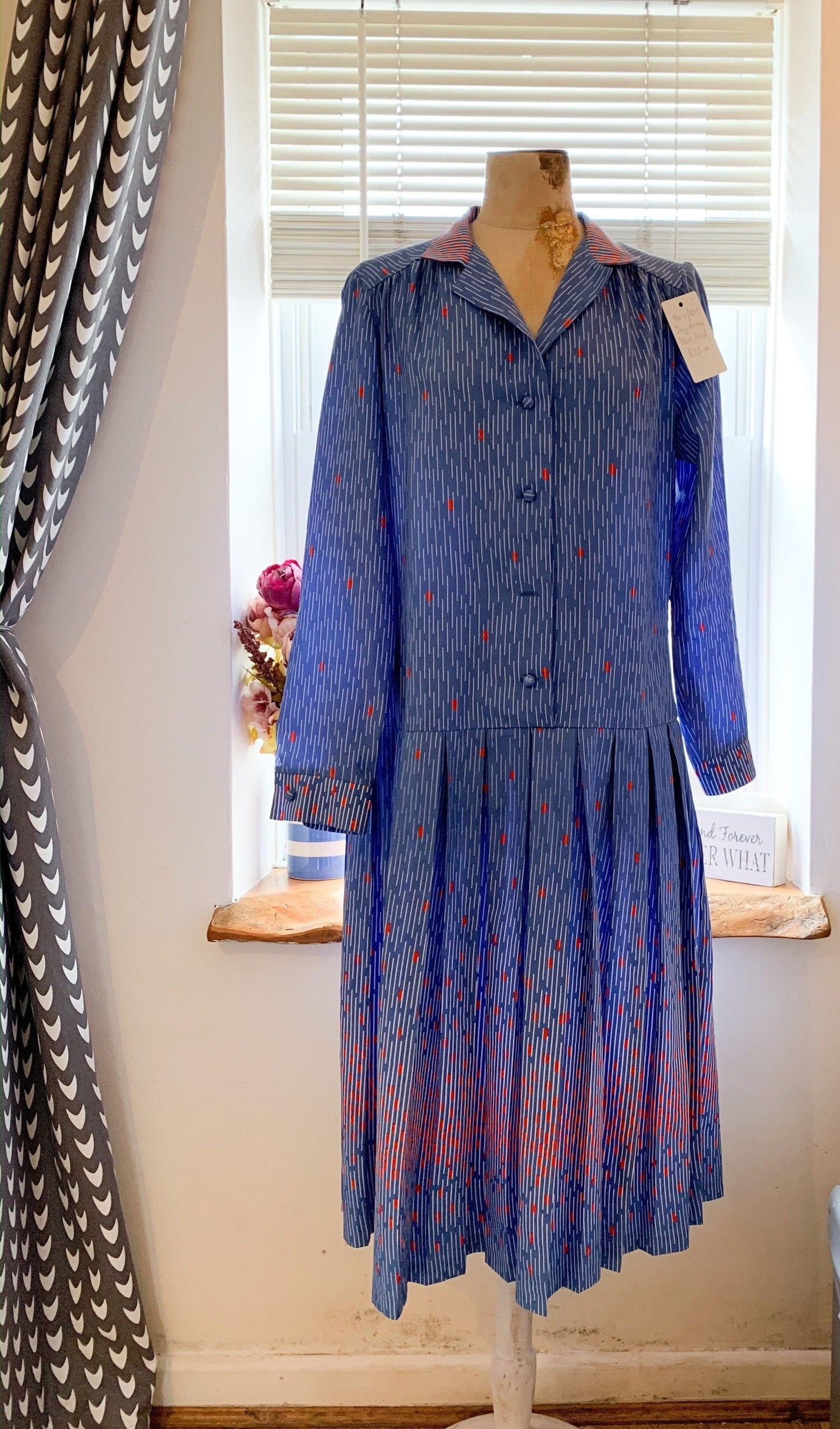 80s dress blue Vintage - Day Dress blue spot pattern pleated dress Rare Plus Size eu 42 size 16 blue and red voluptuous vintage