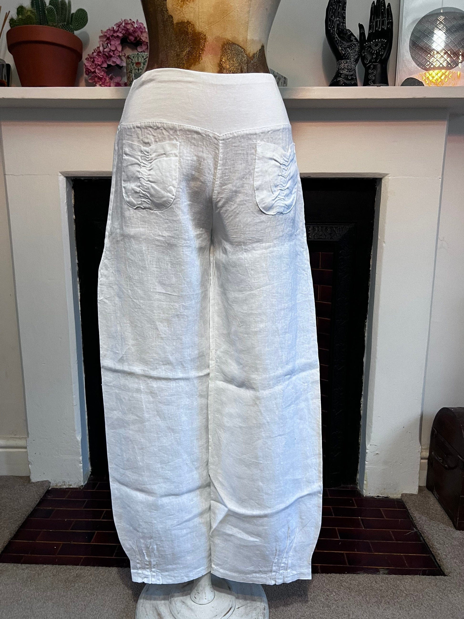 90s Vintage white Linen Trousers Pocket Front Cropped Trousers - Medium Lightweight white Trousers