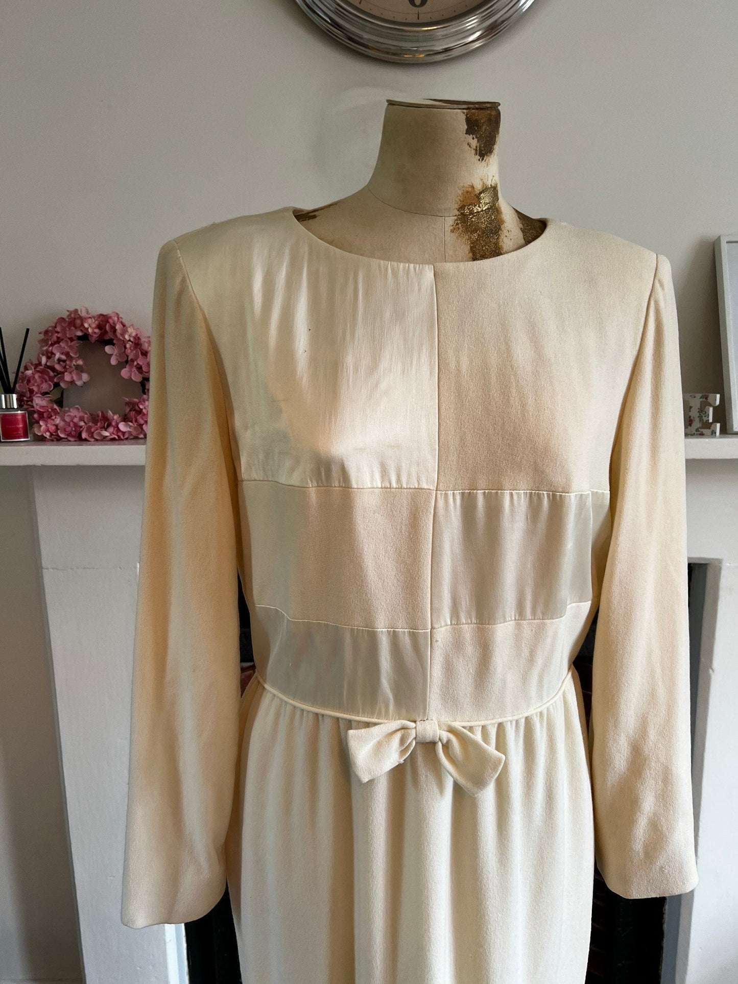 Cream Dress 80s Long sleeve wool and satin mad men dress - has marks and small holes