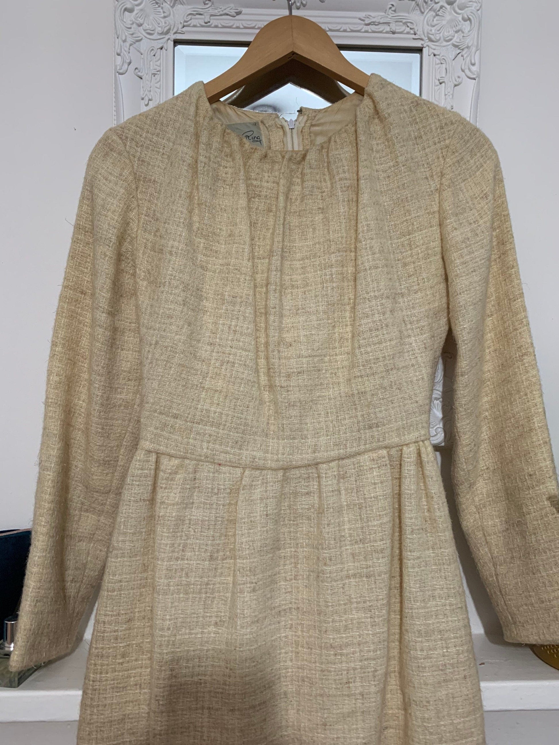 Cream Woven Wool Maxi Long Sleeves Full Zip Back Brenda Ring 70s Maxi Dress