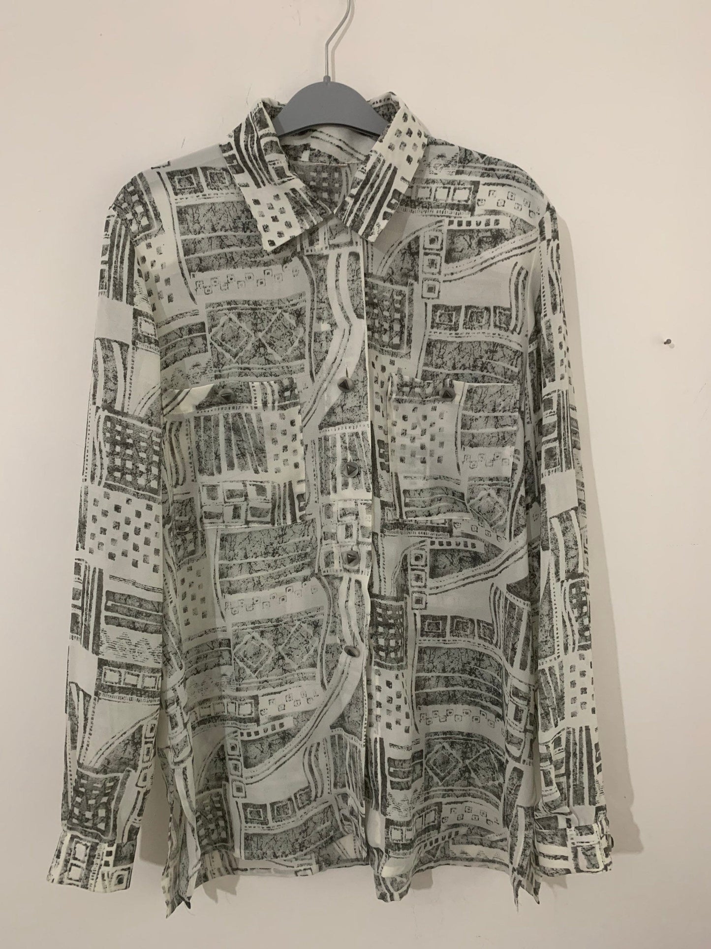 Grey Abstract Vintage Blouse Semi Sheer button Through Boxy long Sleeves - Size 14