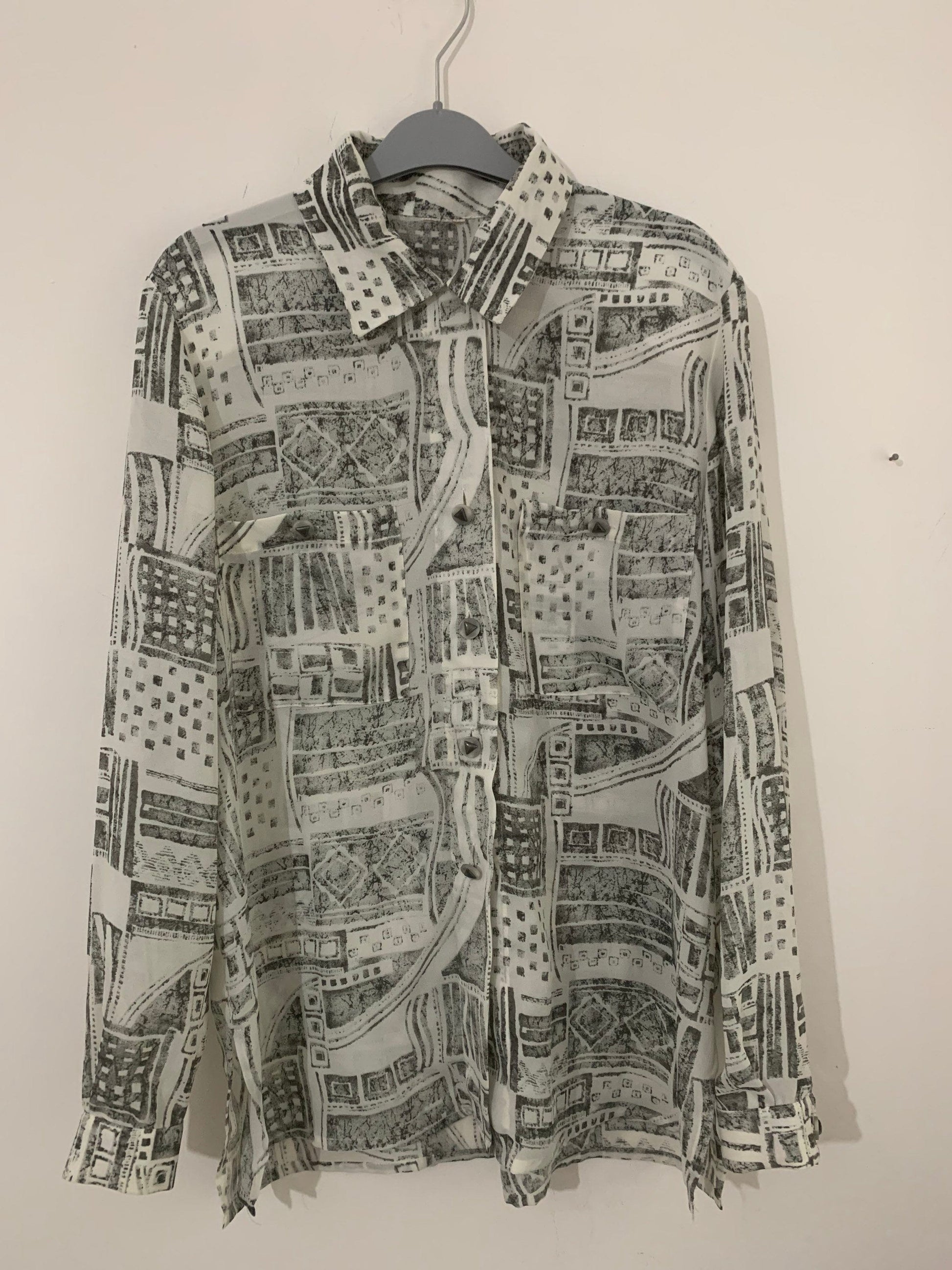 Grey Abstract Vintage Blouse Semi Sheer button Through Boxy long Sleeves - Size 14