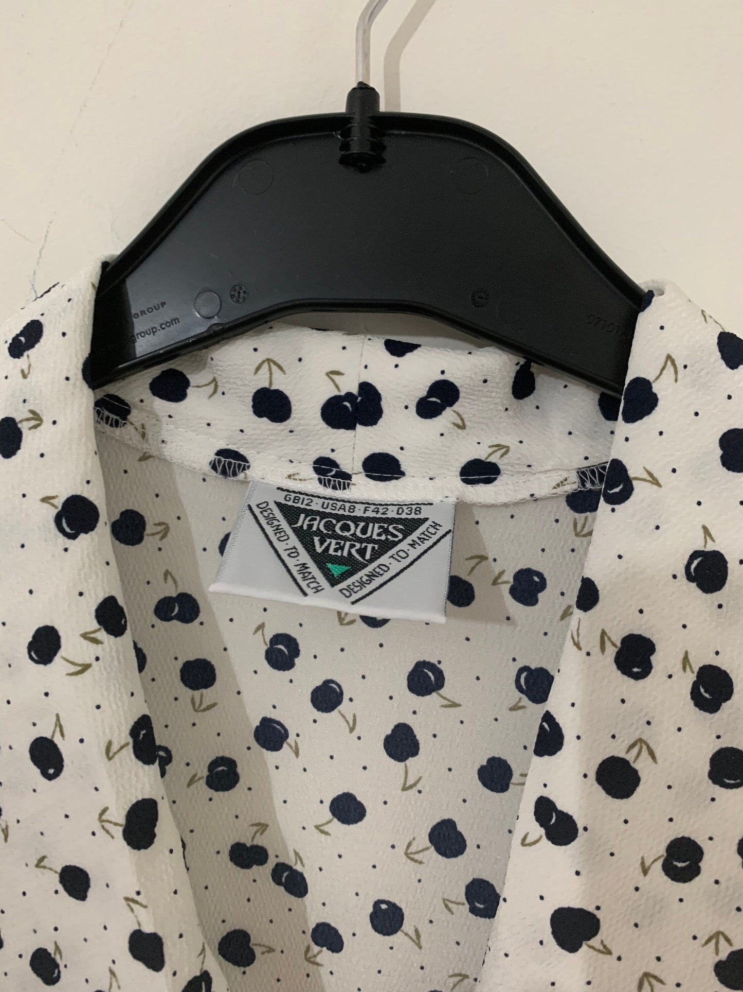 Navy and White Vintage Blouse Cherry Pattern Button Through Boxy short Sleeves - Size 14 - jacques vert