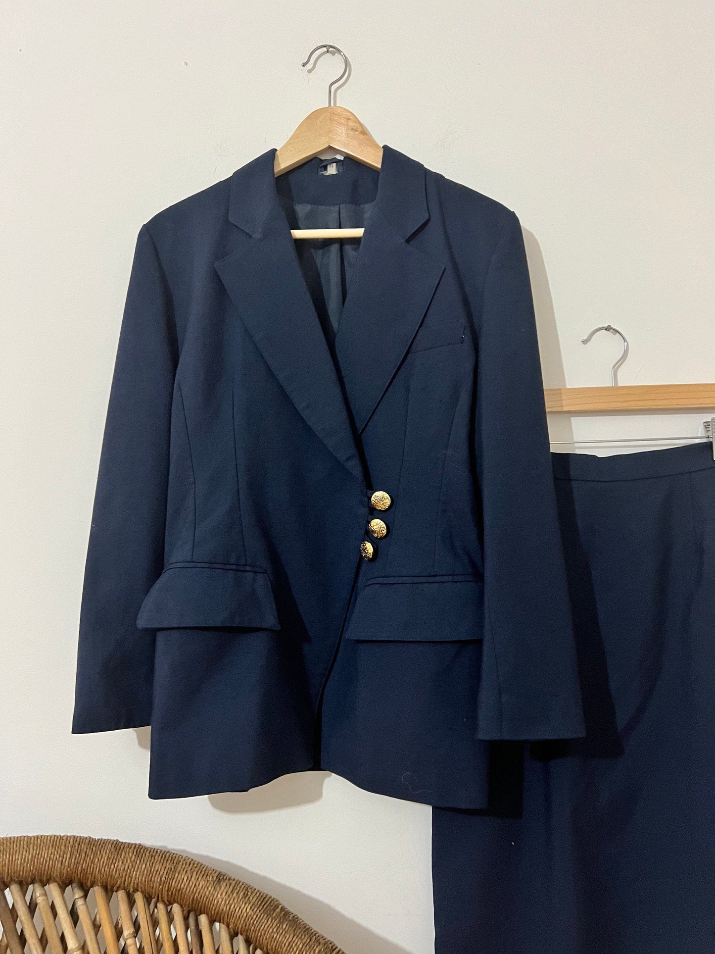 Navy Blue Linen Mix 80s Skirt Suit - Skirt and blazer Size 8-10