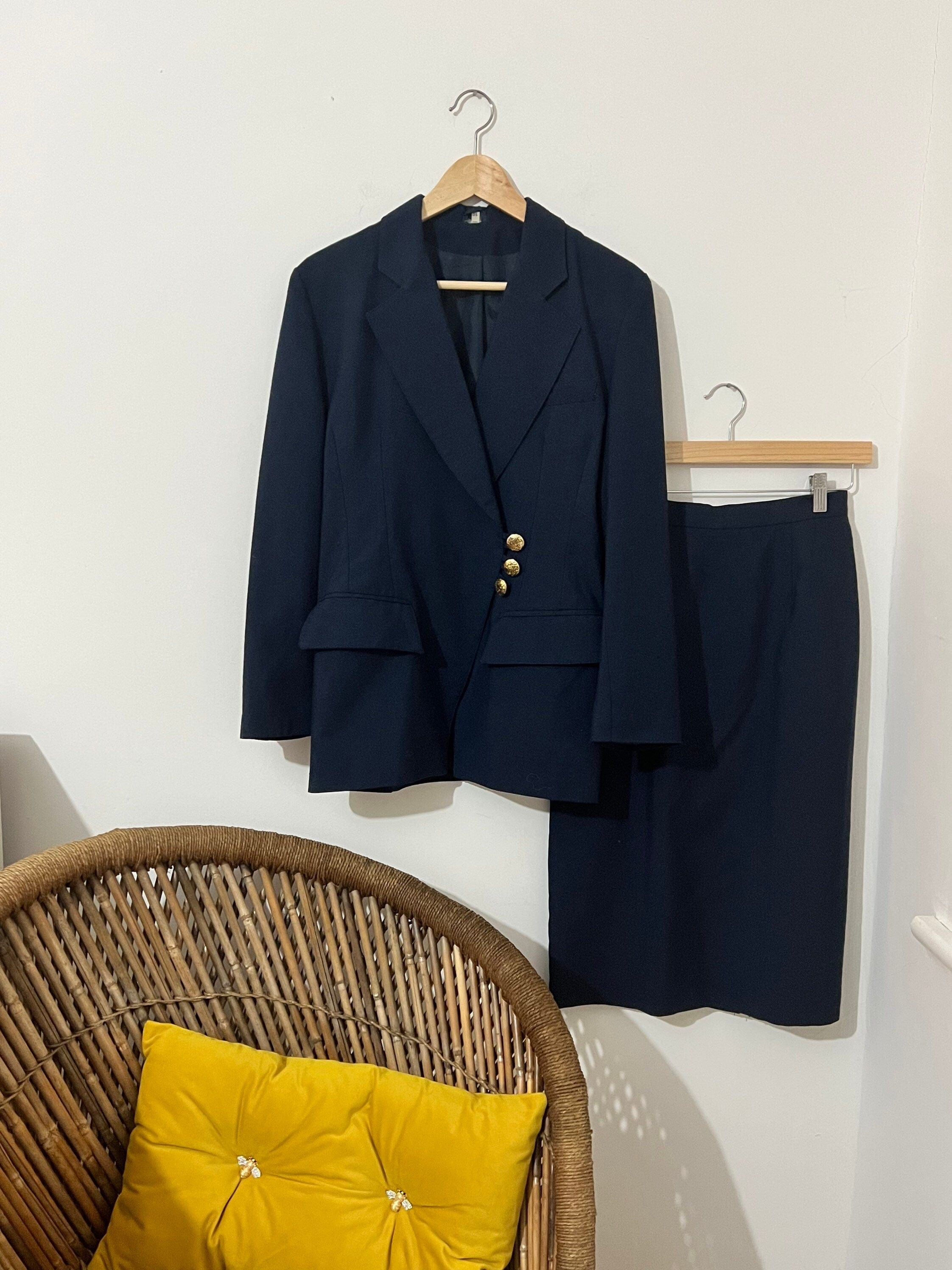 Navy Blue Linen Mix 80s Skirt Suit Skirt and blazer Size 8 10