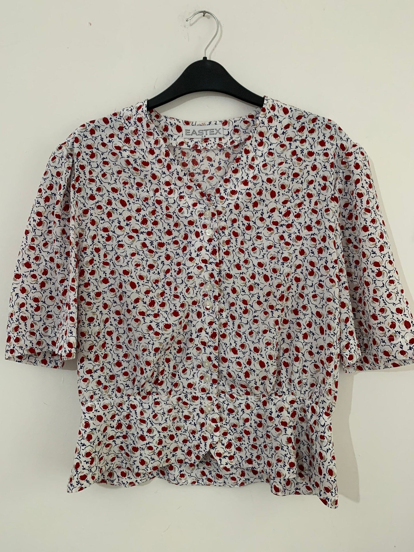 Navy, Red and White Vintage Peplum Blouse Floral Pattern Button Through Boxy short Sleeves - Size 14 - Eastex