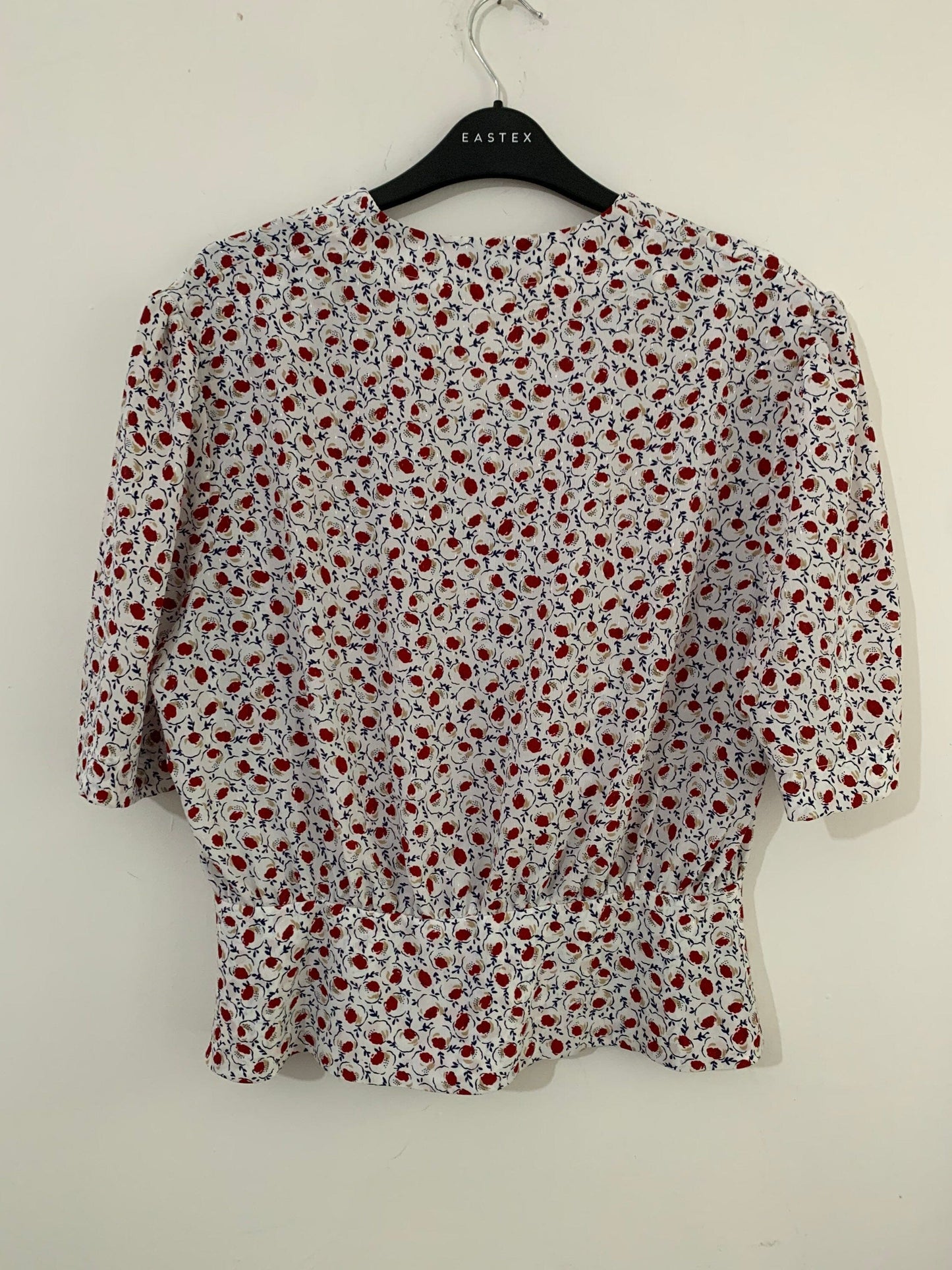 Navy, Red and White Vintage Peplum Blouse Floral Pattern Button Through Boxy short Sleeves - Size 14 - Eastex
