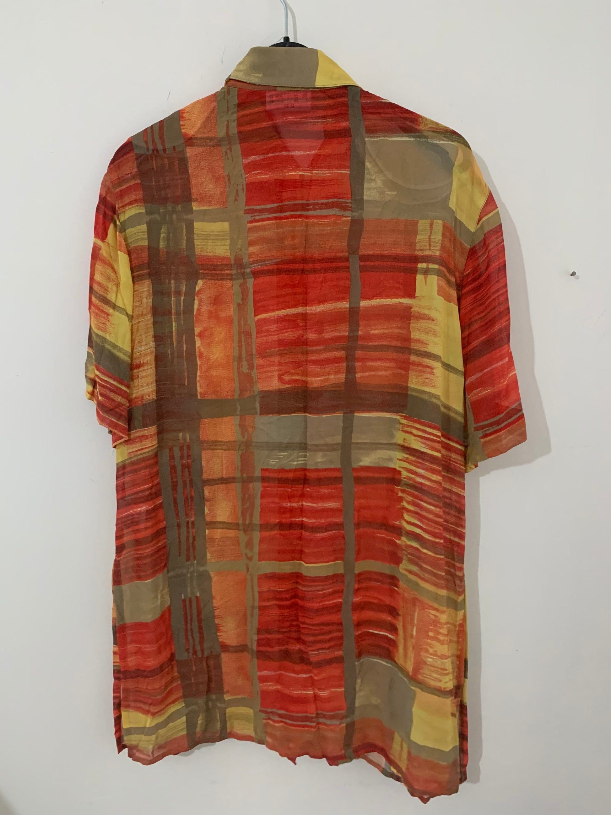 Red Orange check Vintage Blouse Semi Sheer Red Button Through Boxy short Sleeves - Size 14
