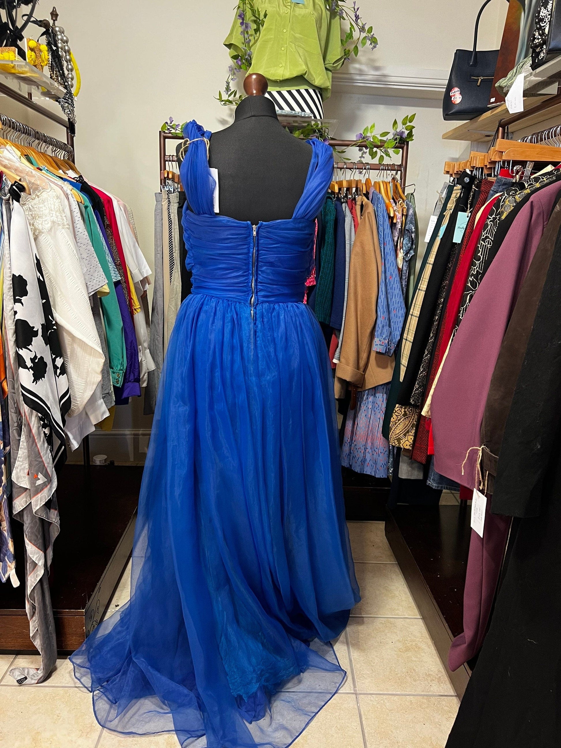 Vintage 1950s Blue Prom Dress Chiffon Overlayer Semi Sheer Skirt - Lots of volume