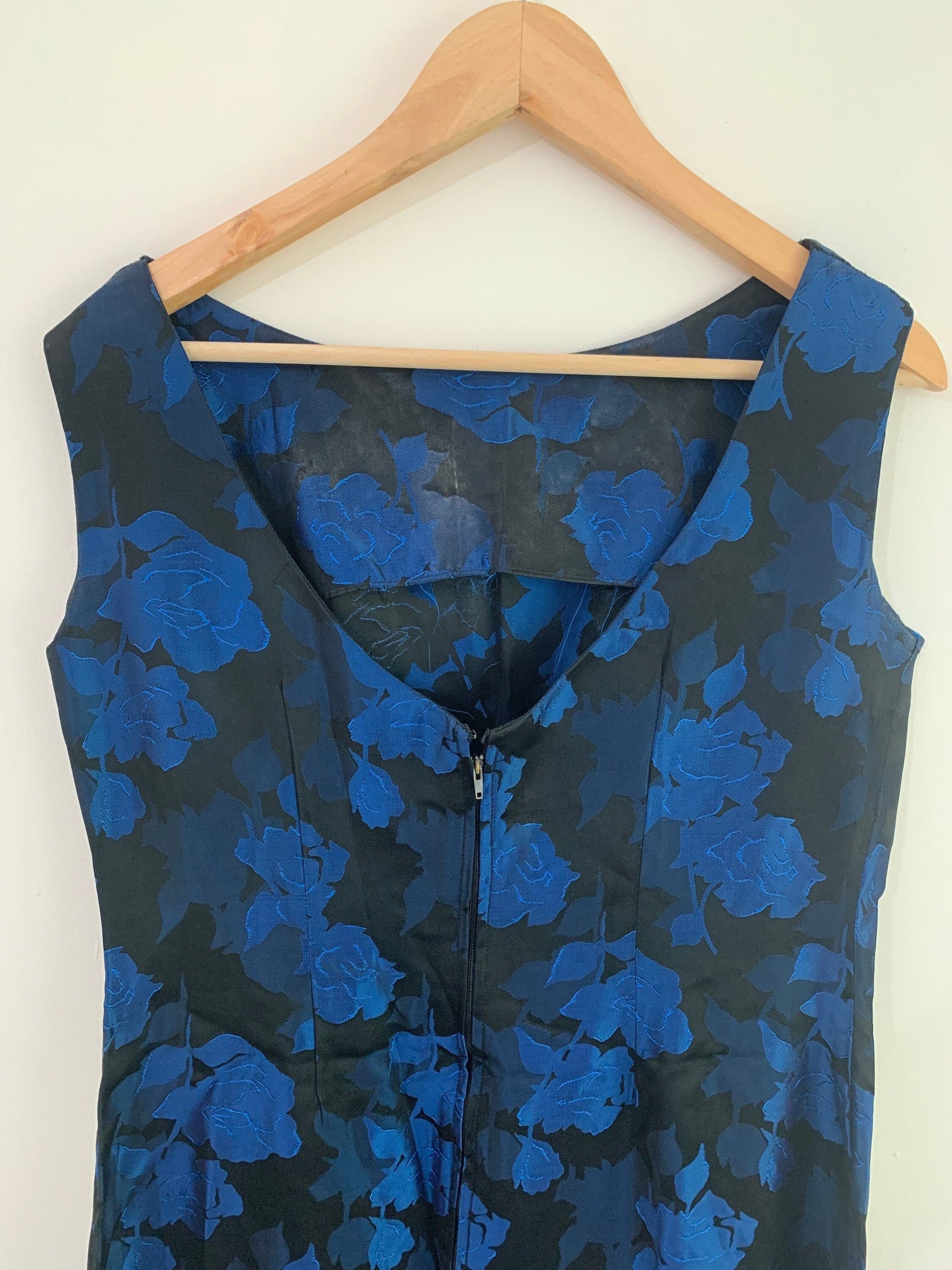 Vintage 1960s Blue Black Brocade Floral Column Dress - Sleeveless Handmade