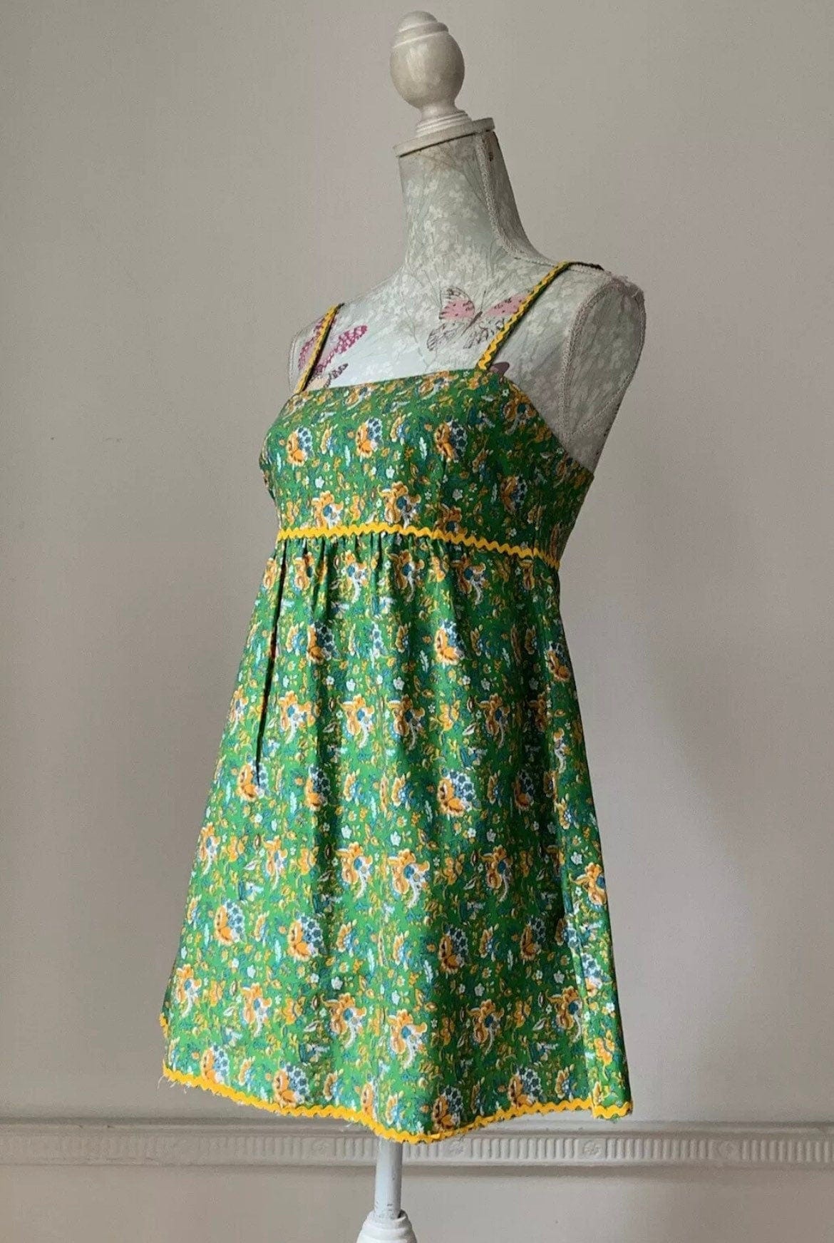 Vintage 1970s Handmade Green Floral Cotton Smock Top Size 8