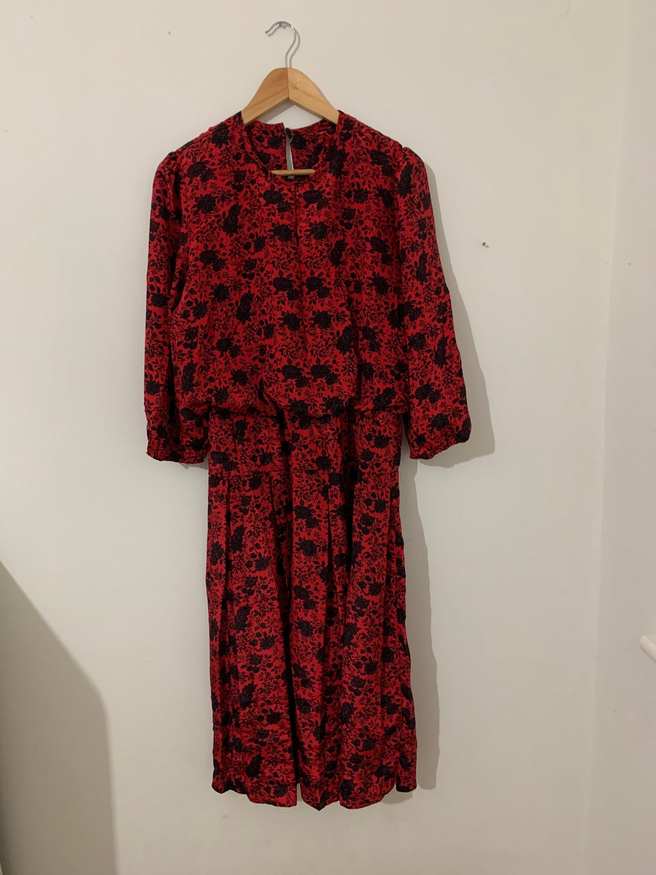1980s Vintage Dress red - red & black dress - size 14-16, Vintage ...