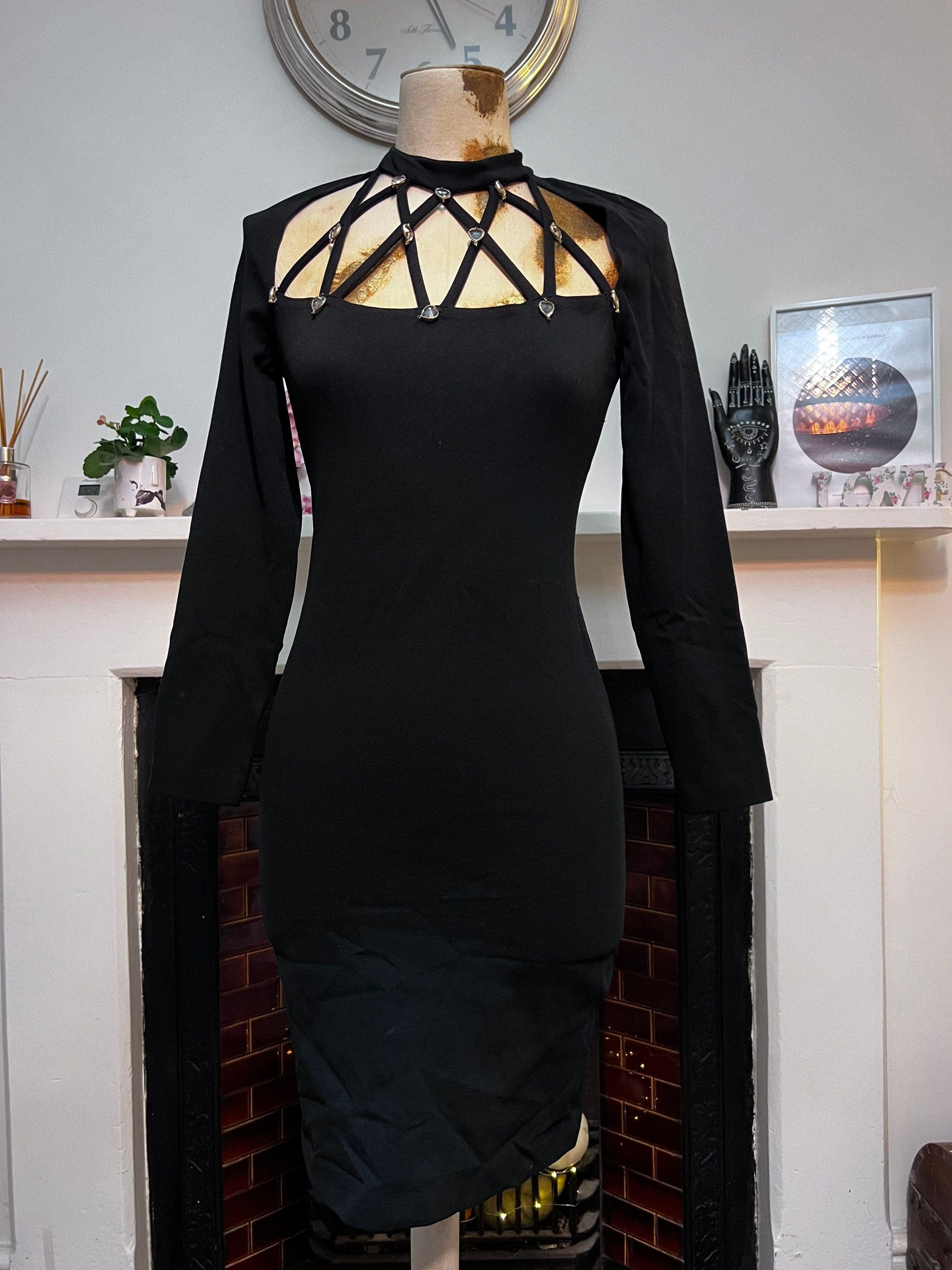 Vintage 80s Black Bodycon Dress Cages neckline with diamant heart