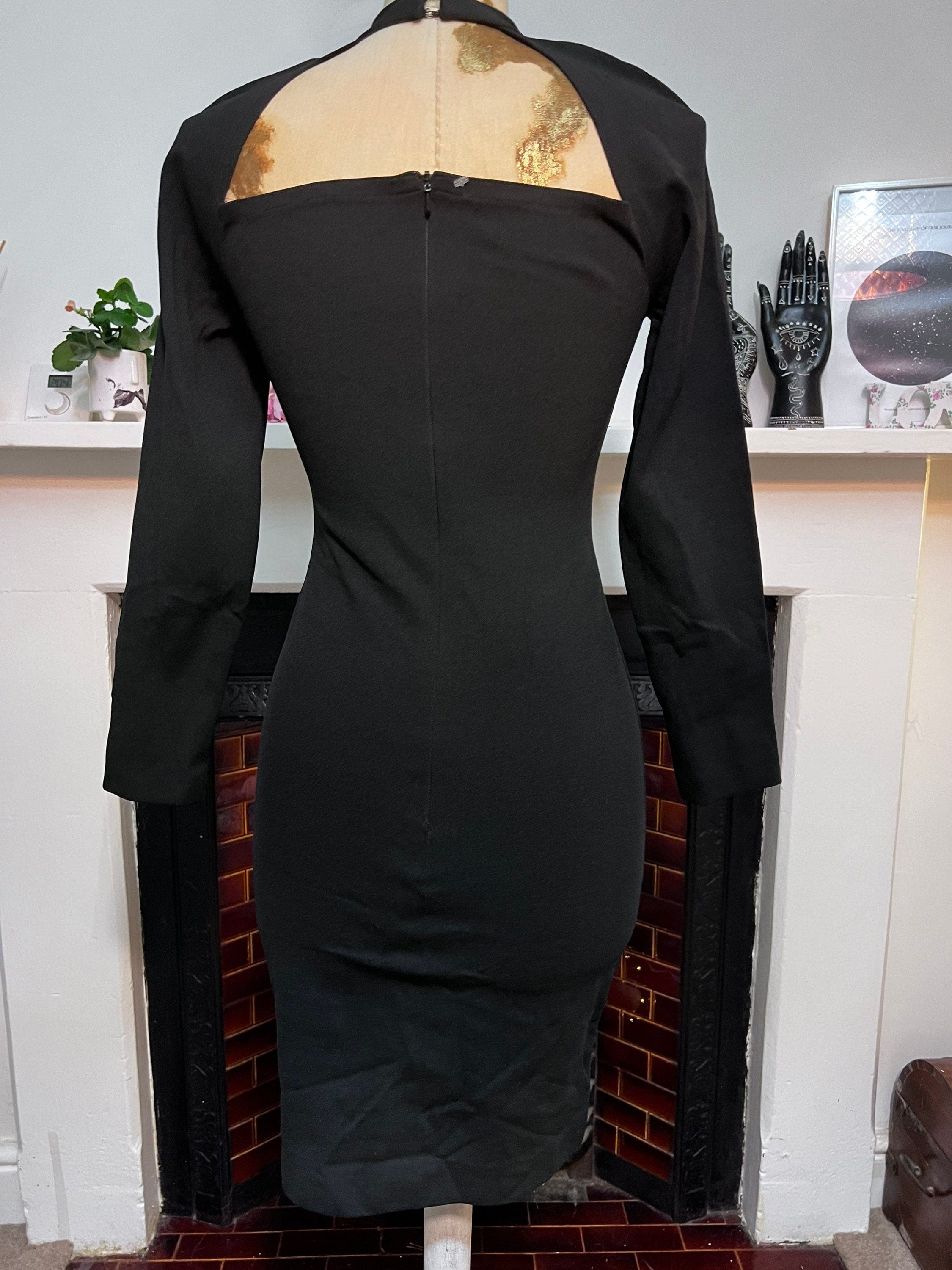 Vintage 80s Black Bodycon Dress Cages neckline with diamant heart