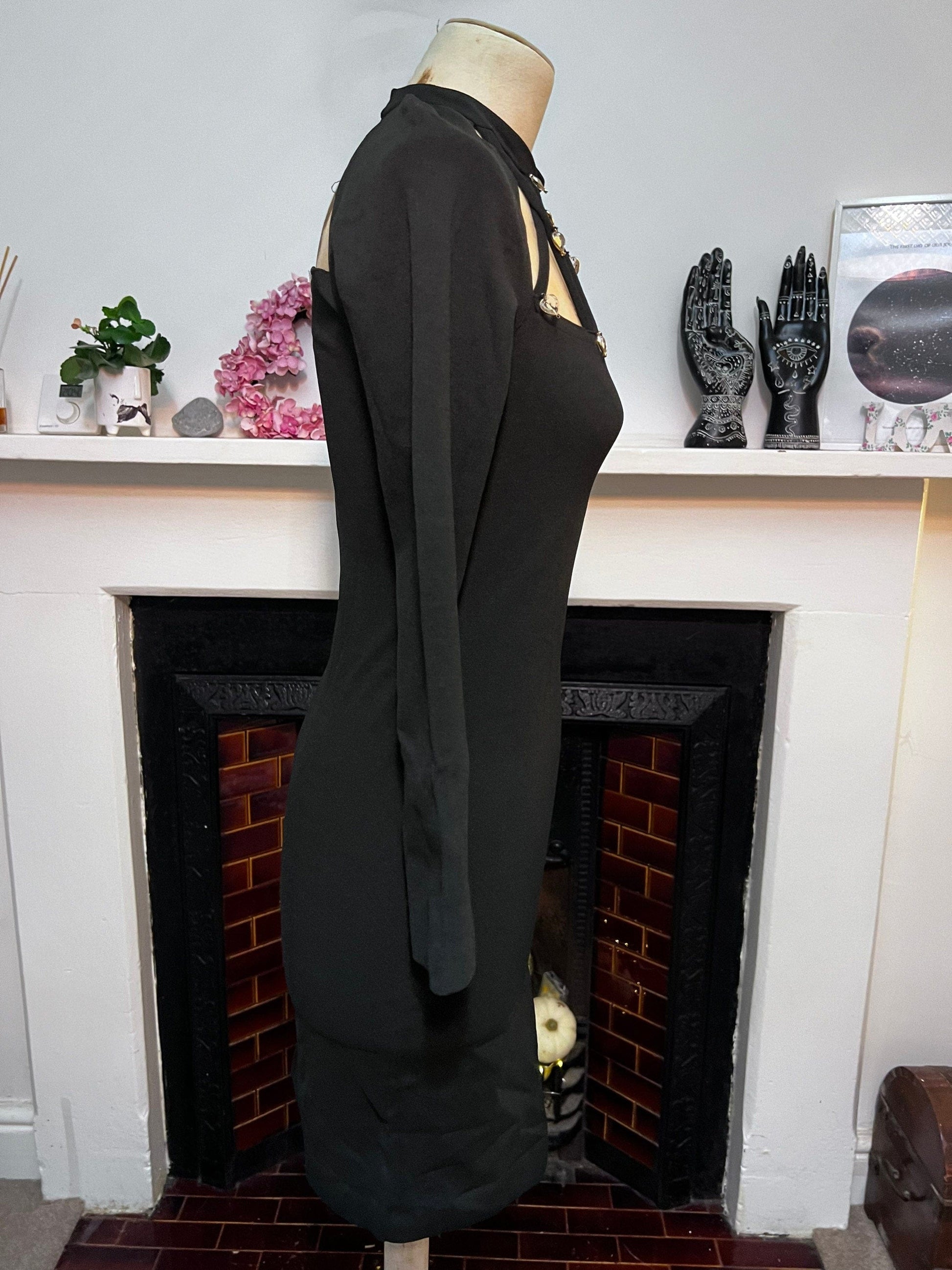 Vintage 80s Black Bodycon Dress Cages neckline with diamanté heart details 3/4 Sleeve open back dress UK8-10