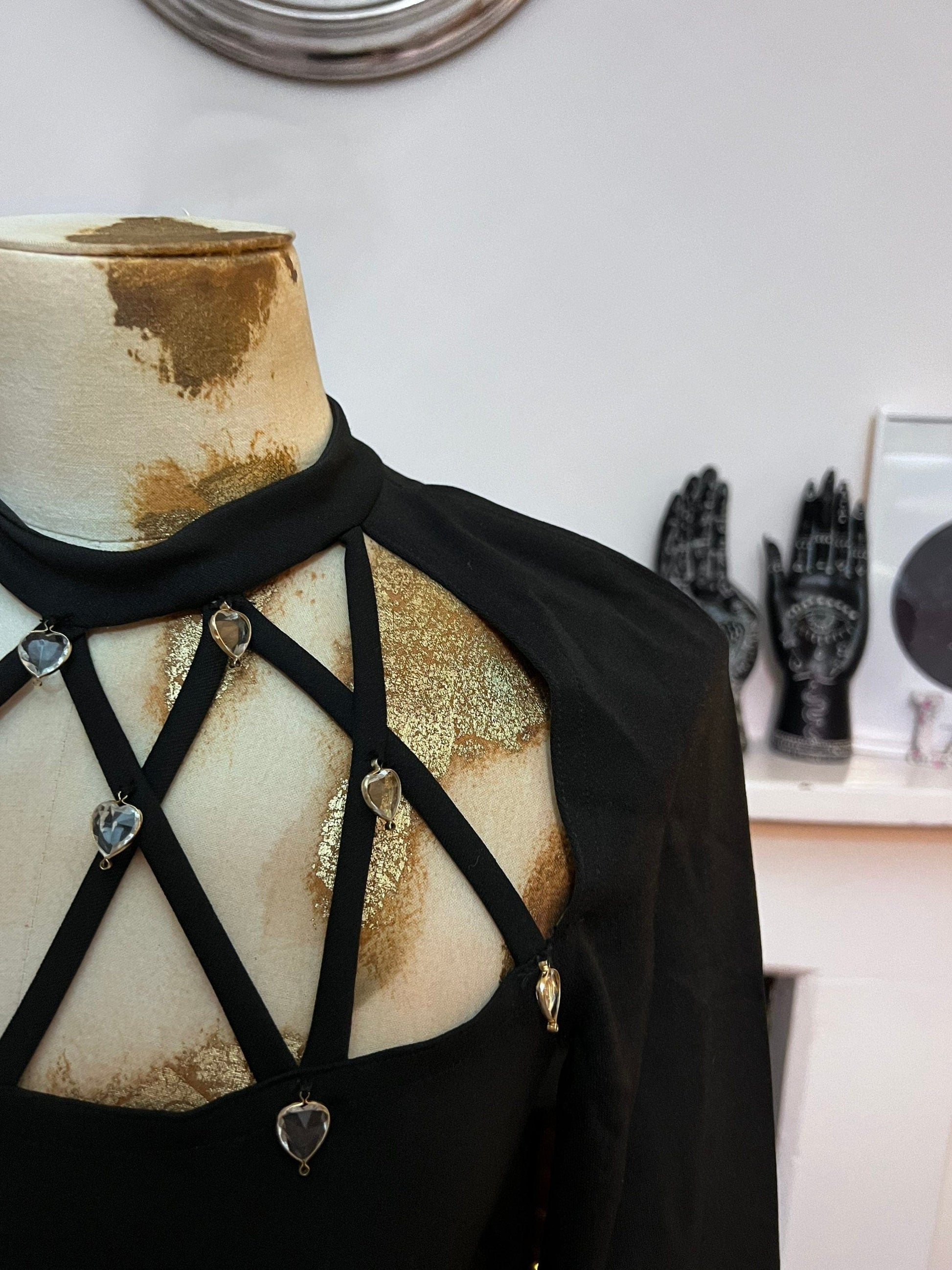 Vintage 80s Black Bodycon Dress Cages neckline with diamanté heart details 3/4 Sleeve open back dress UK8-10