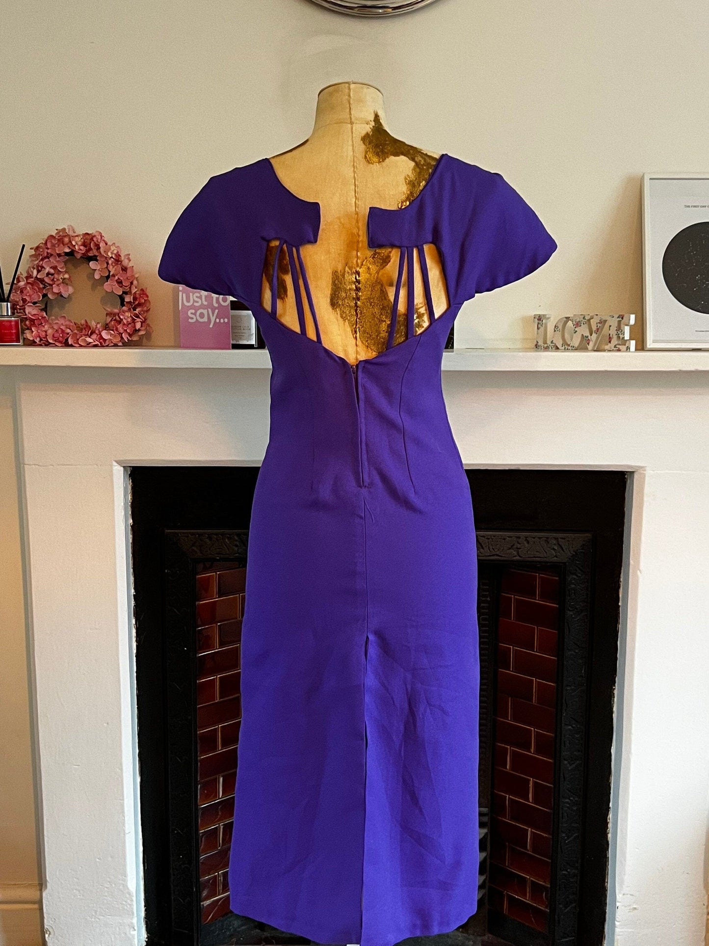 Vintage 80s Purple Dress open back cage design huge shoulder padded cap sleeves UK 6