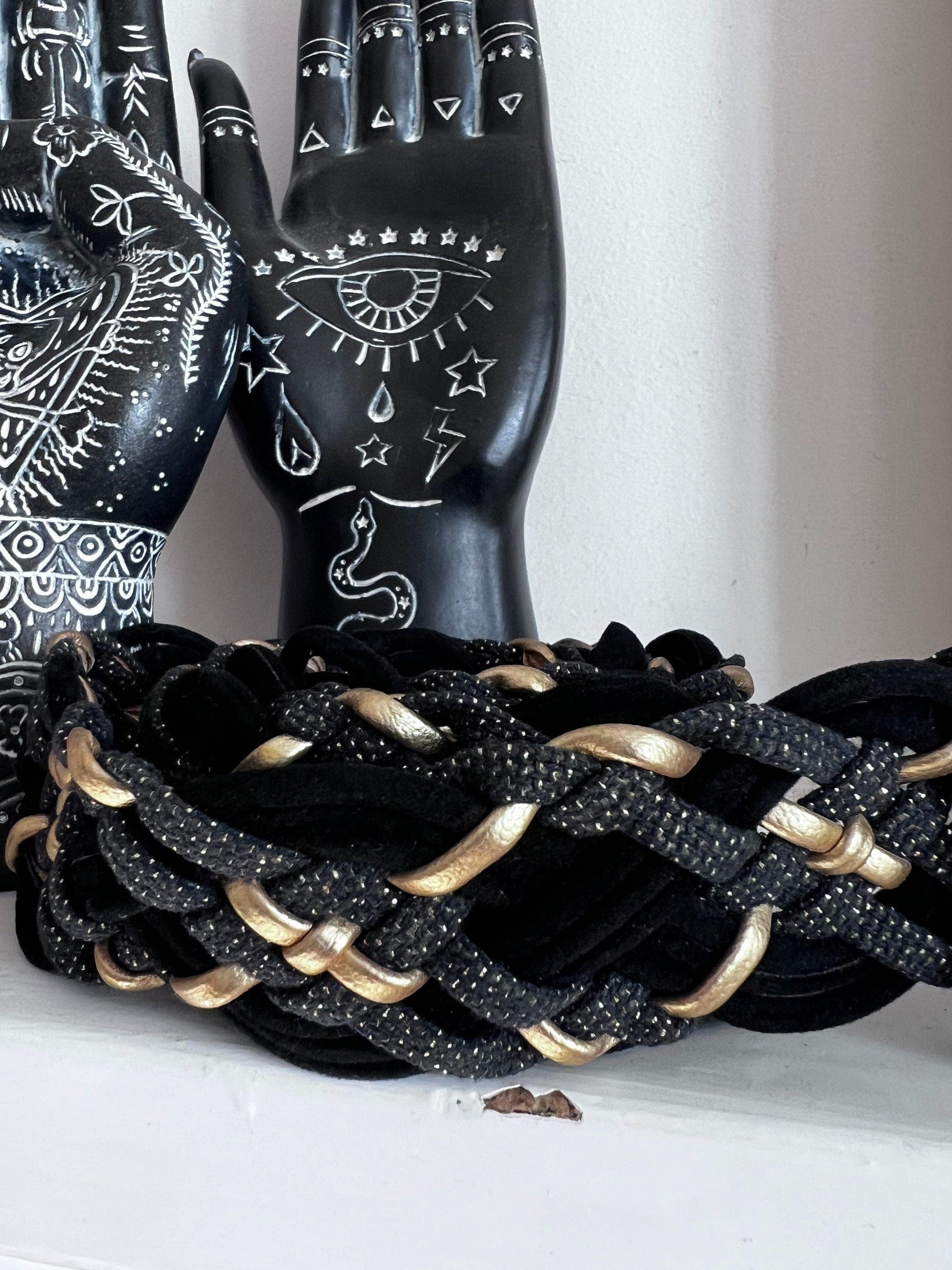Vintage 90s Black Braided Woven wide Belt - dual Coloured Woven 1990s black and Gold 94cm 37”