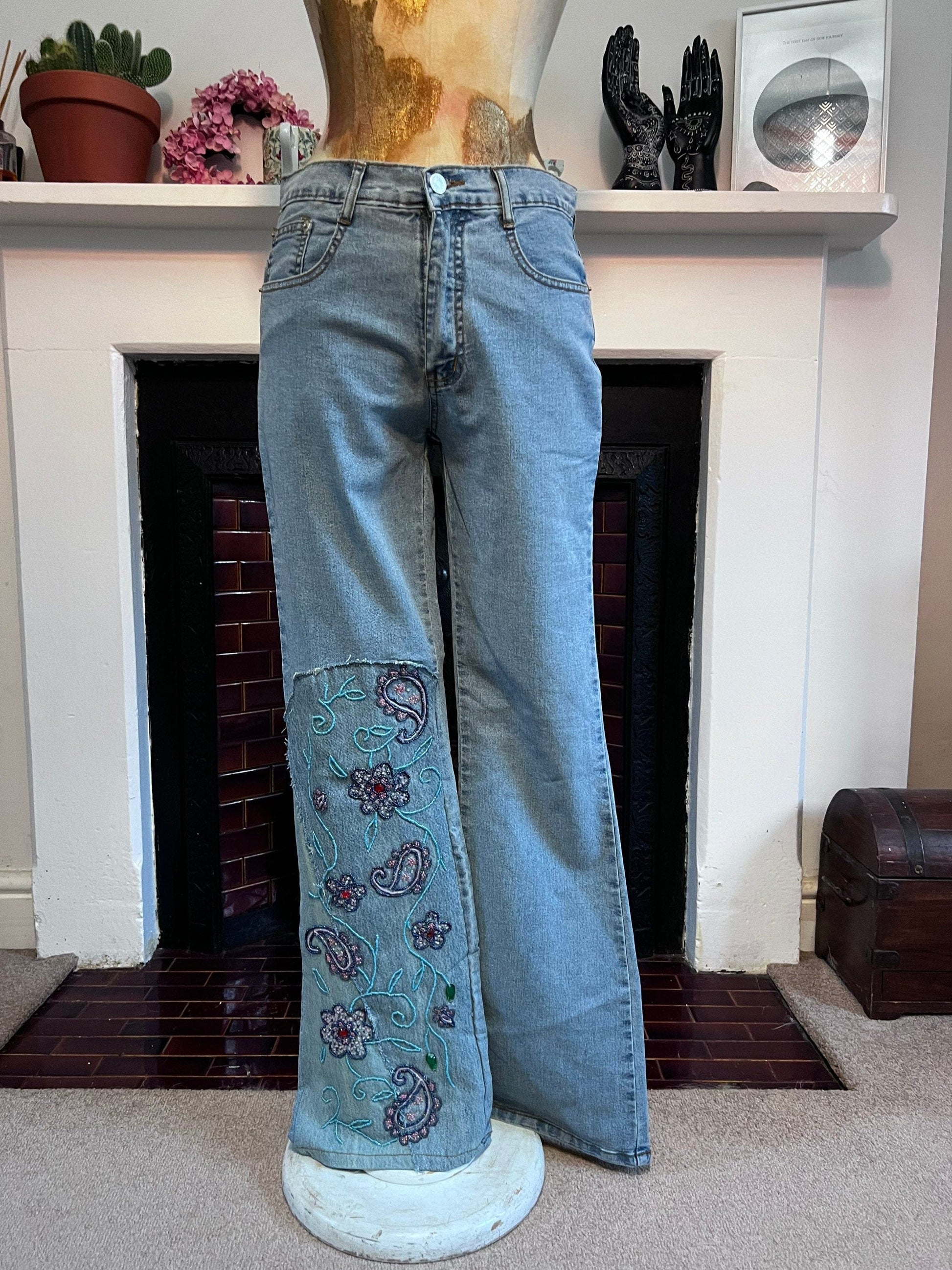 Vintage 90s blue Flared Jeans Bootcut - Deadstock Vintage blue sequin Jeans