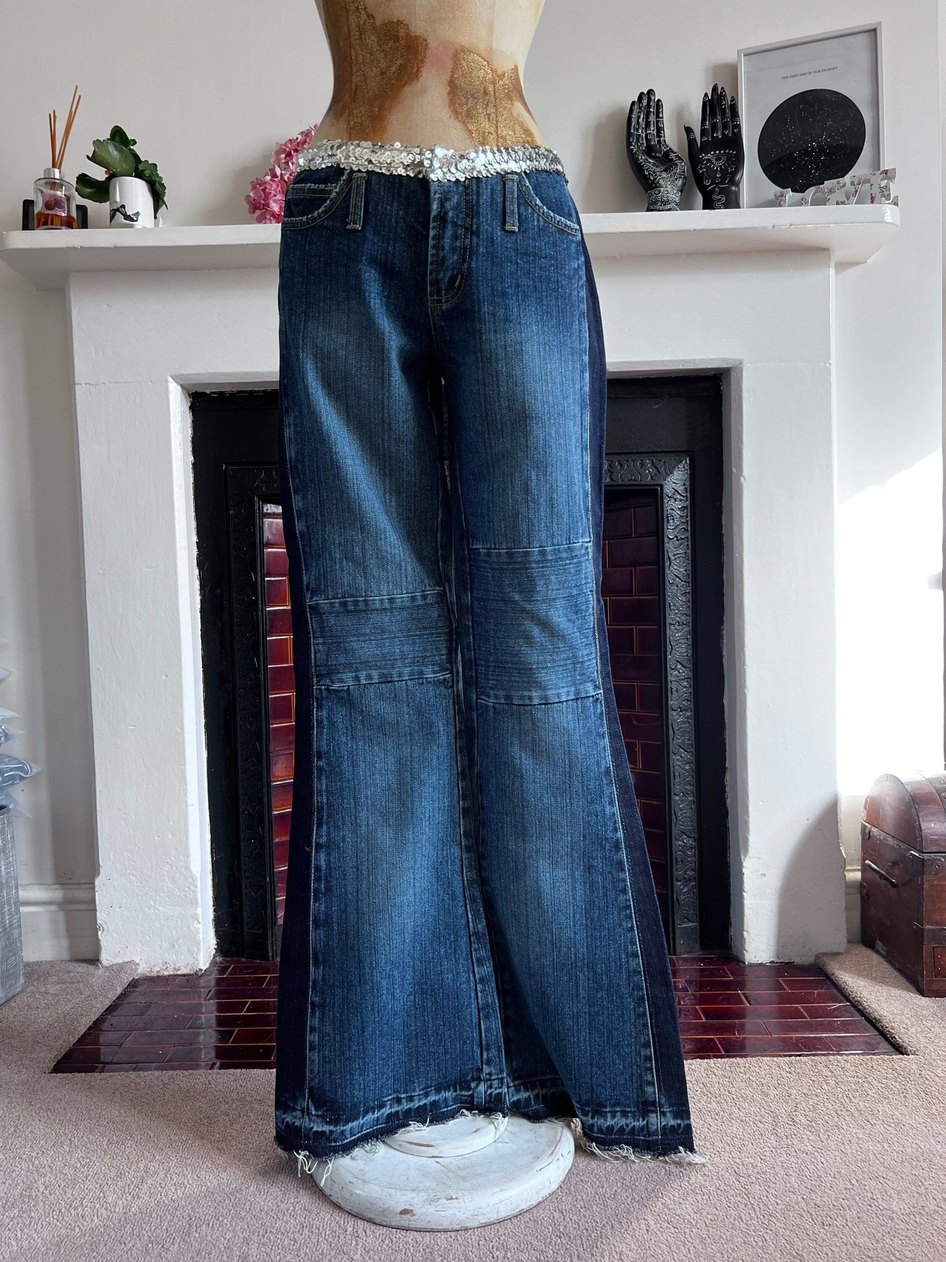 Vintage 90s Flared Patched Jeans with sequin belt - Deadstock Vintage