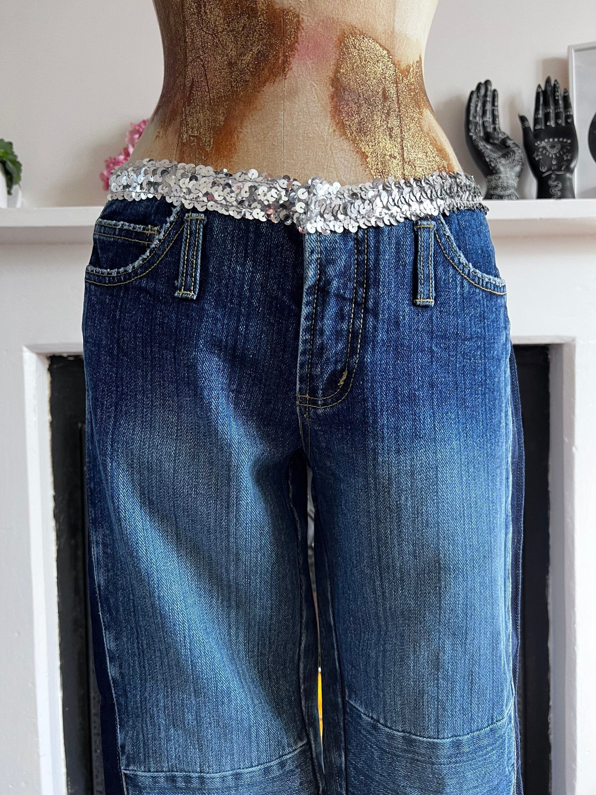 Vintage 90s Flared Patched Jeans with sequin belt - Deadstock Vintage