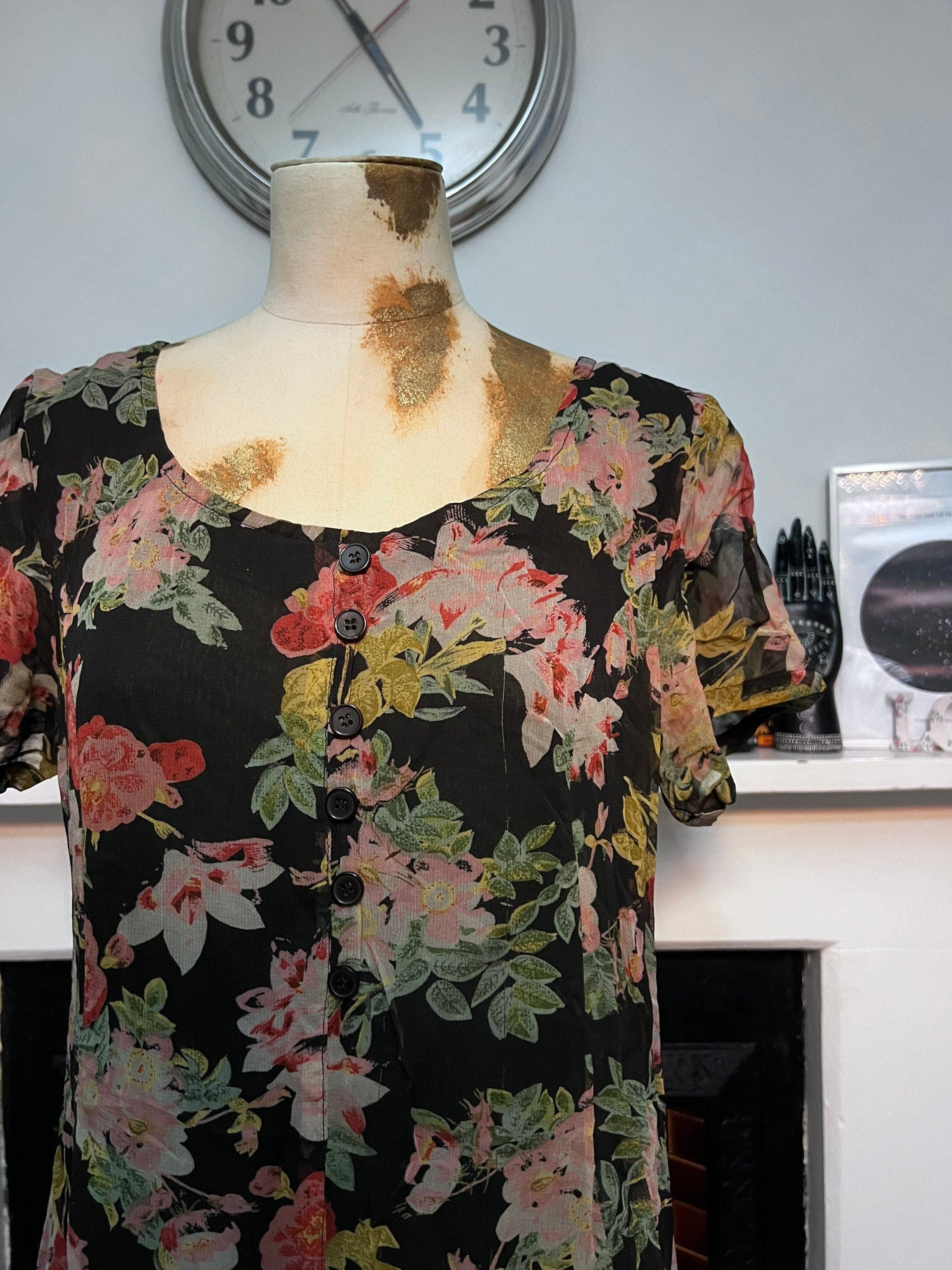 Vintage 90s Floral viscose floaty dress 1990s Grunge Dress Floral