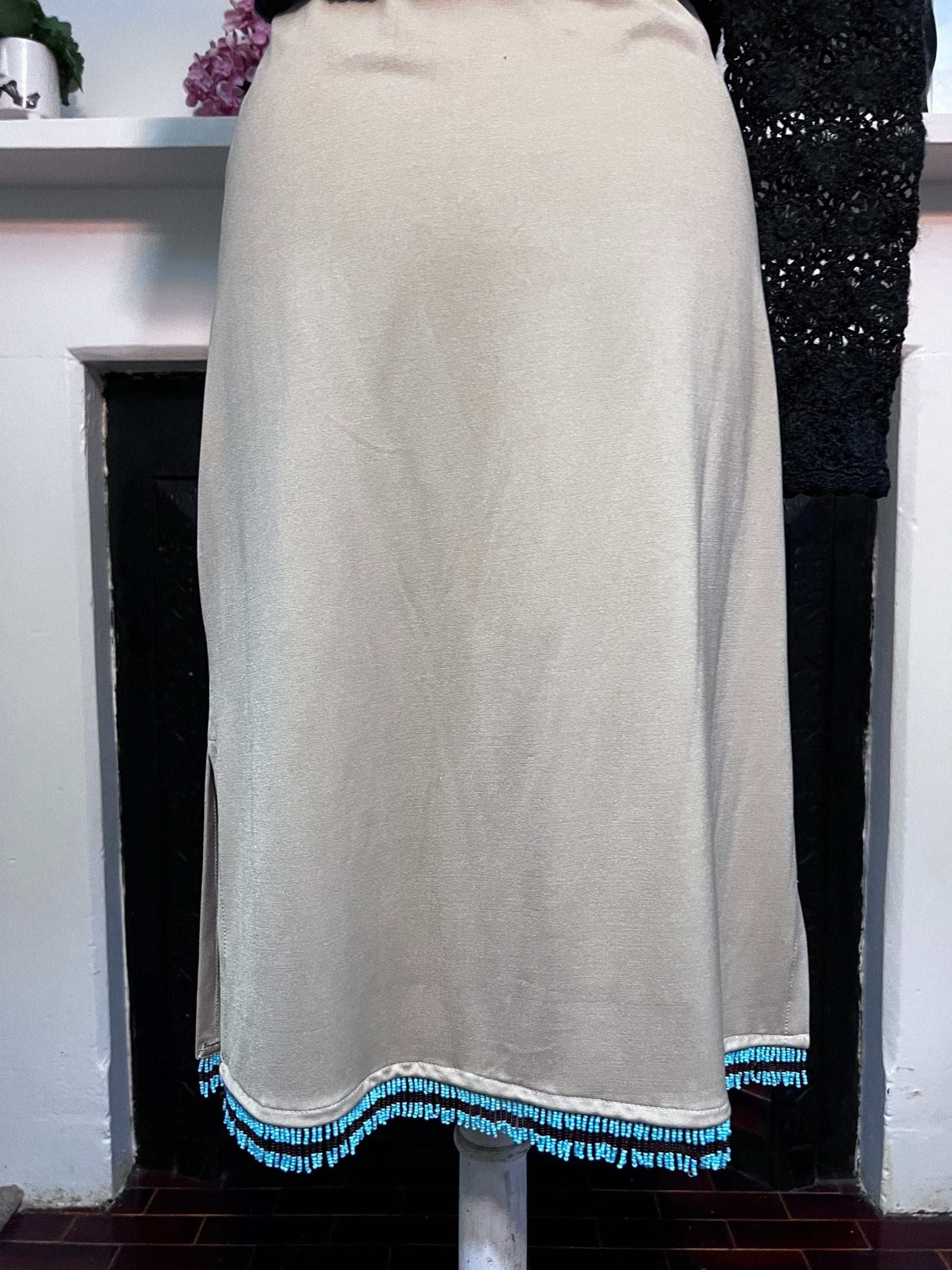 Vintage Beige Turquoise Beaded Mid Length Stretch Skirt Hennes - Turquoise Beaded Hem