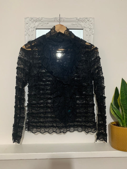 Vintage black 70s lace ruffle front blouse - Black Sheer Lace Blouse