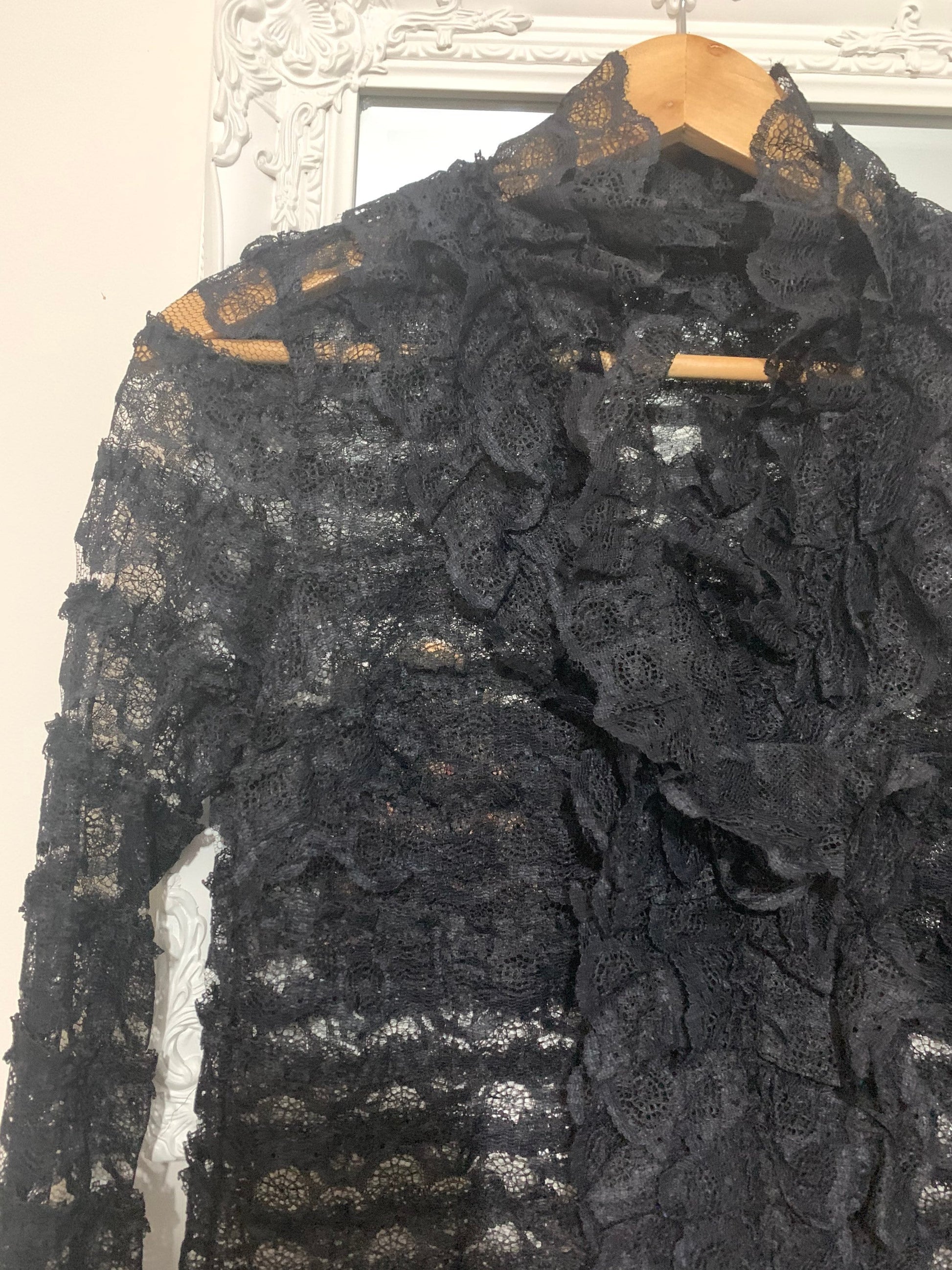 Vintage black 70s lace ruffle front blouse - Black Sheer Lace Blouse