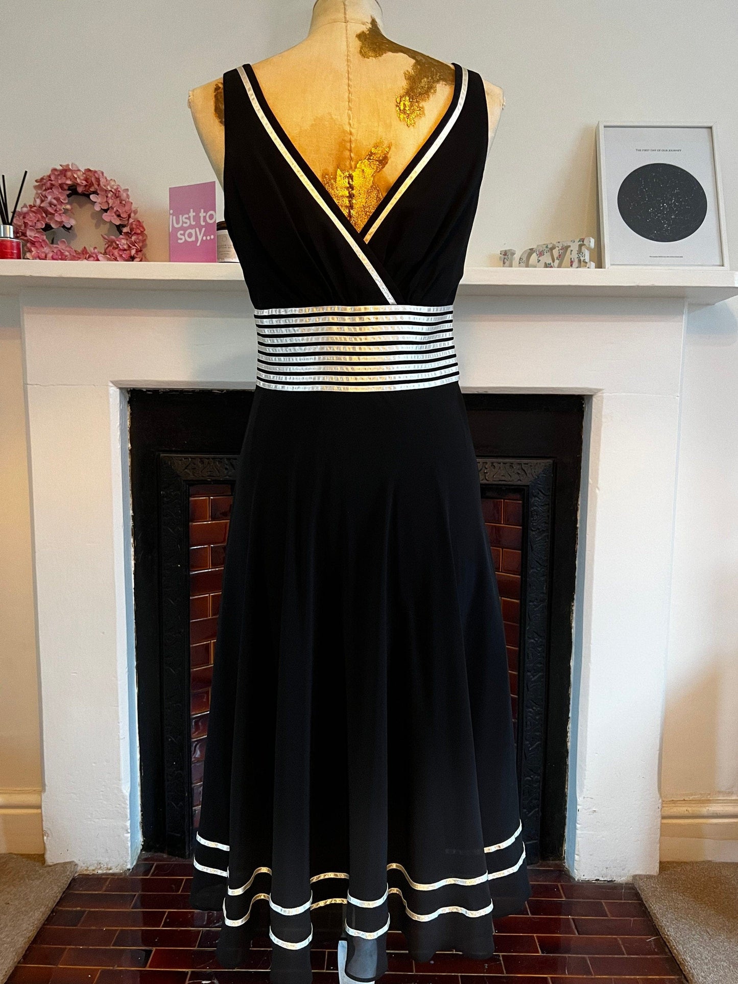 Vintage Black Dress chiffon banded ribbon swing Dress 1990s cocktail Dress - UK10