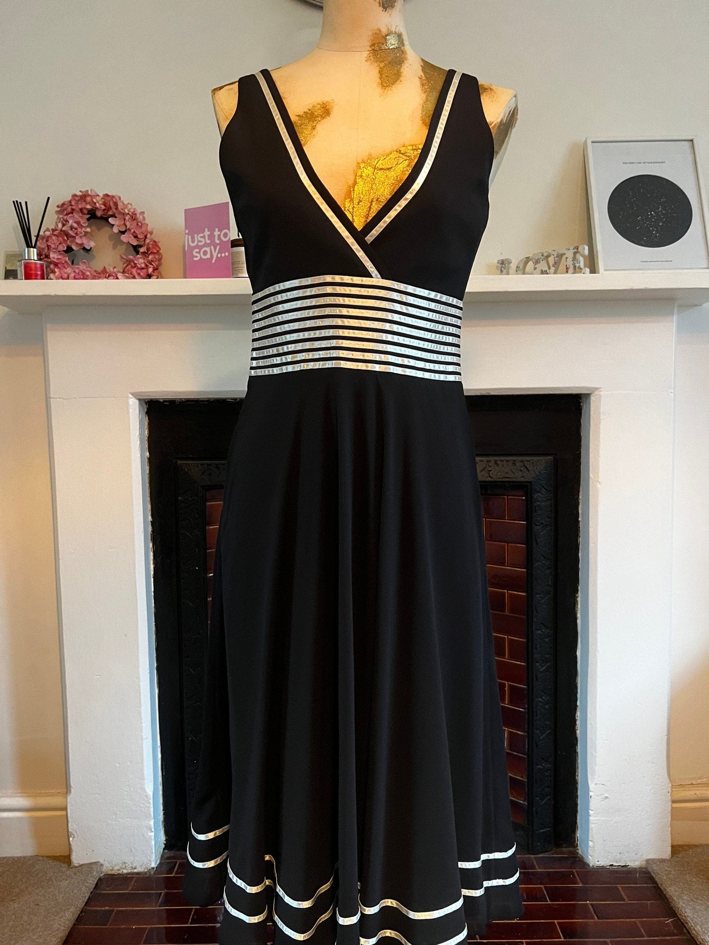 Vintage Black Dress chiffon banded ribbon swing Dress 1990s cocktail Dress - UK10