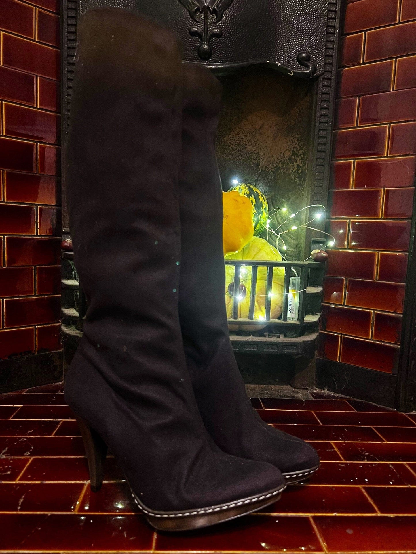 Vintage Black Knee High clog Boots UK6 EU39 Stiletto Heel Fabric Knee High Boots Black