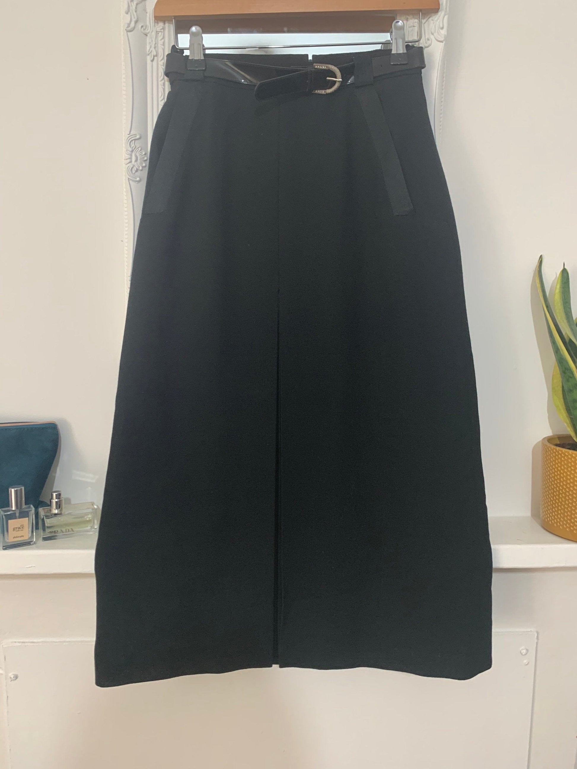 Vintage Black Pencil Skirt - A Line Pleated - UK8 - Gerry Weber - With Belt