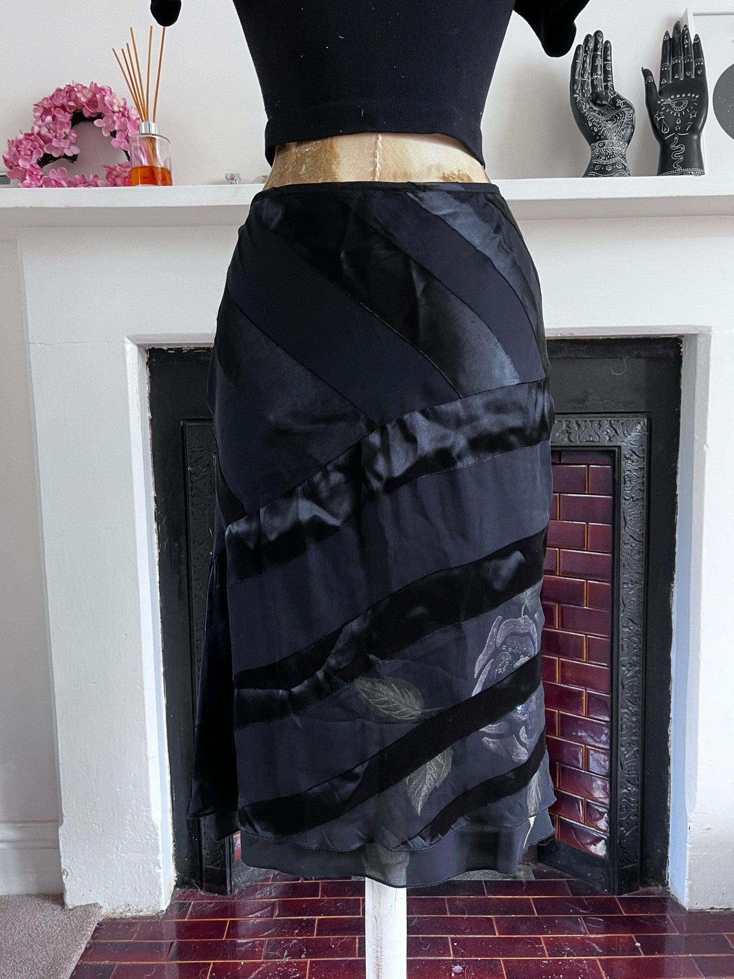 Vintage Black Silk Viscose Evening Skirt - Press & Bastyan Chiffon over layer skirt UK10 Black  with floral appliqué under layer