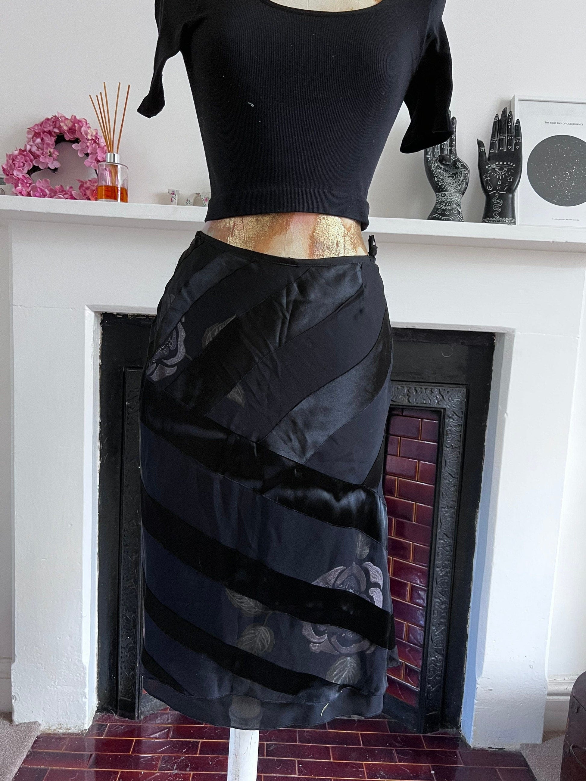Vintage Black Silk Viscose Evening Skirt - Press & Bastyan Chiffon over layer skirt UK10 Black  with floral appliqué under layer